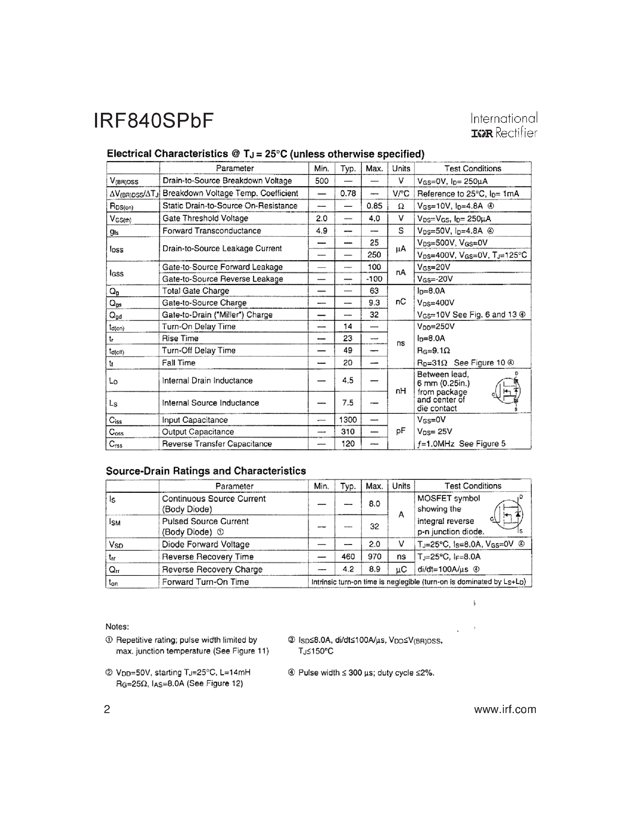 Datasheet IRF840SPBF - HEXFET Power MOSFET page 2