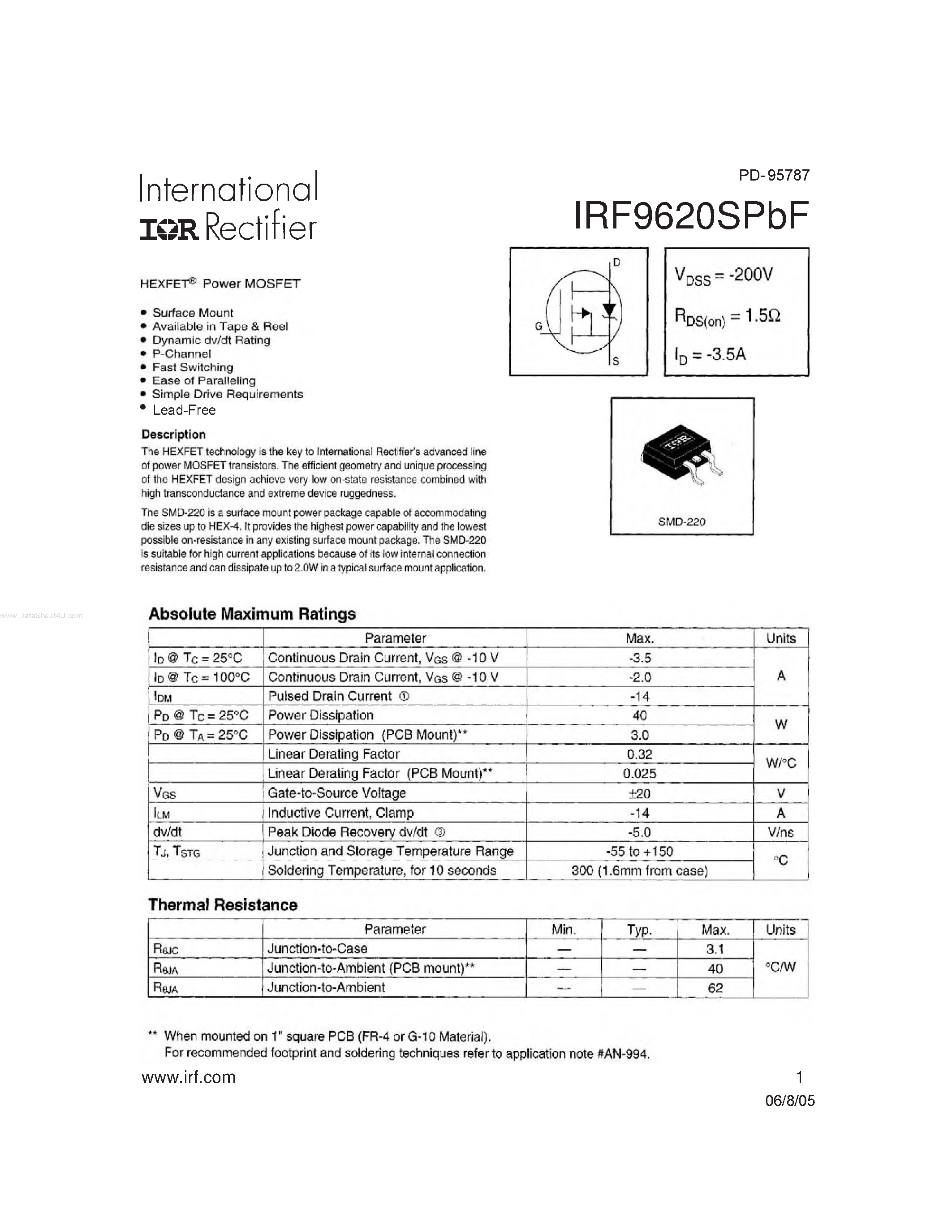 Datasheet IRF9620SPBF - HEXFET Power MOSFET page 1
