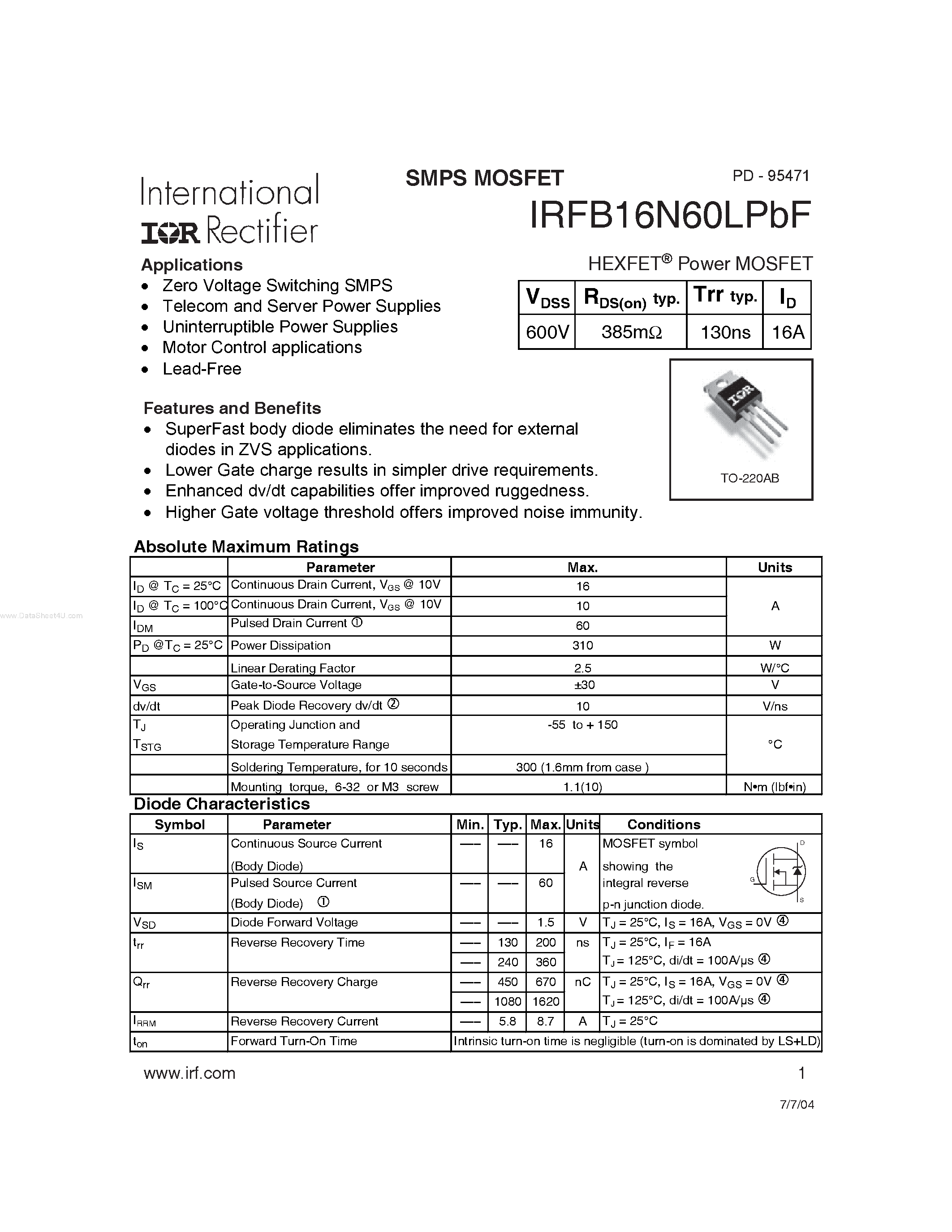 Datasheet IRFB16N60LPBF - SMPS MOSFET page 1