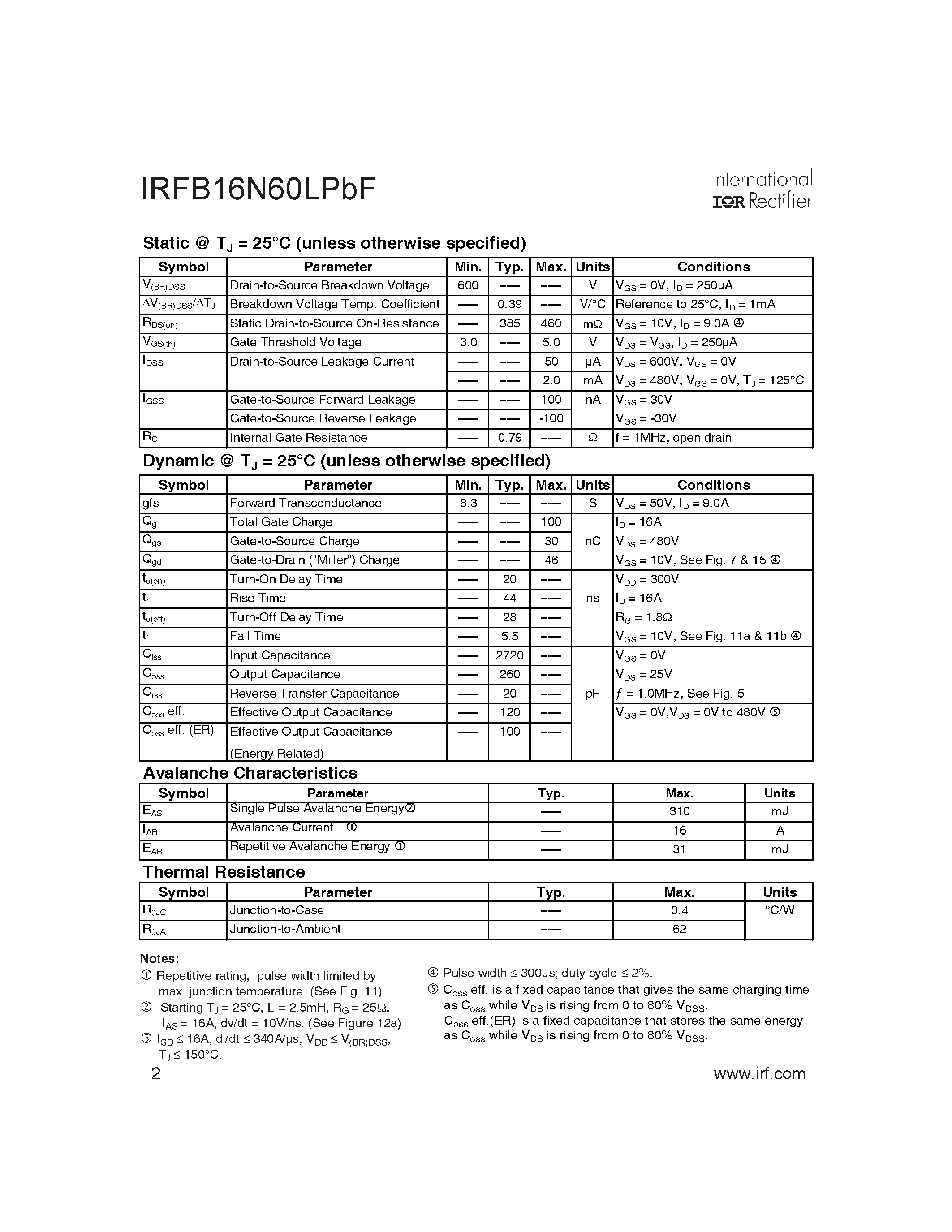 Datasheet IRFB16N60LPBF - SMPS MOSFET page 2