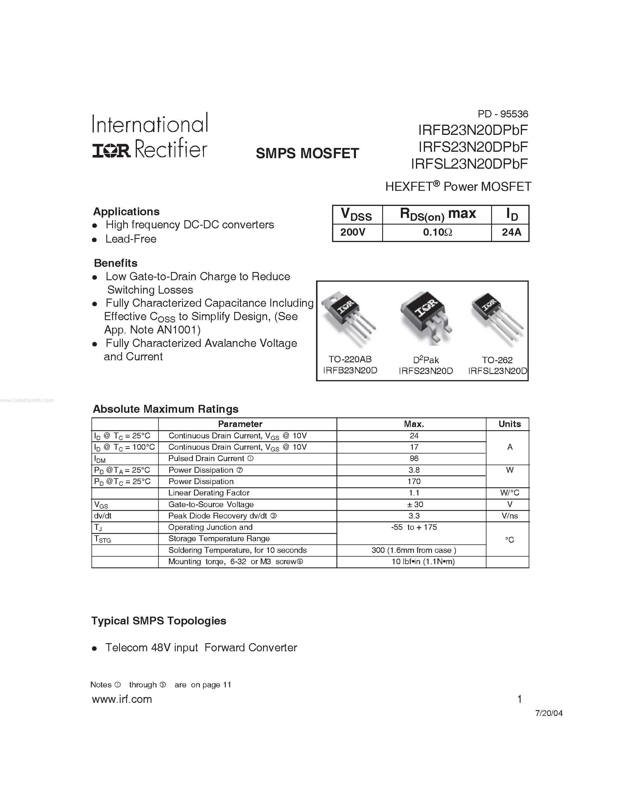 Datasheet IRFB23N20DPBF - SMPS MOSFET page 1