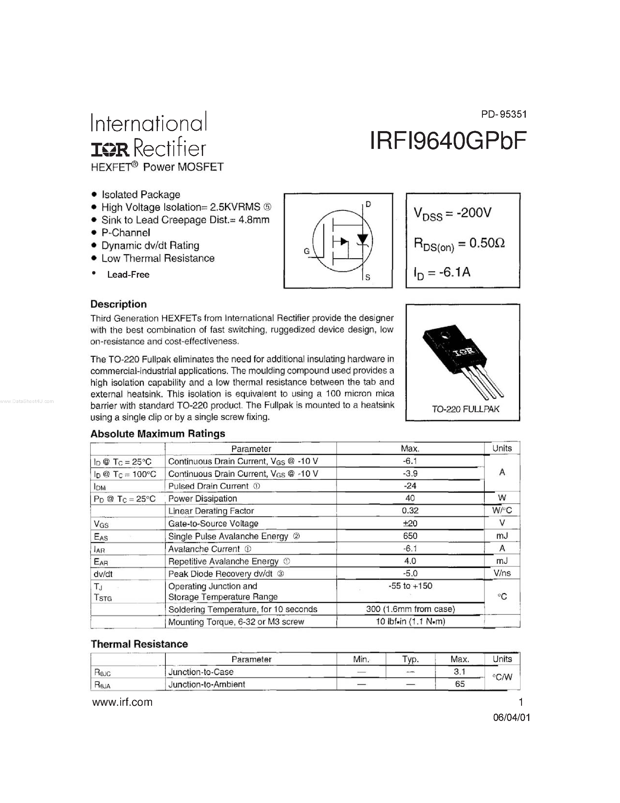 Datasheet IRFI9640GPBF - HEXFET Power MOSFET page 1