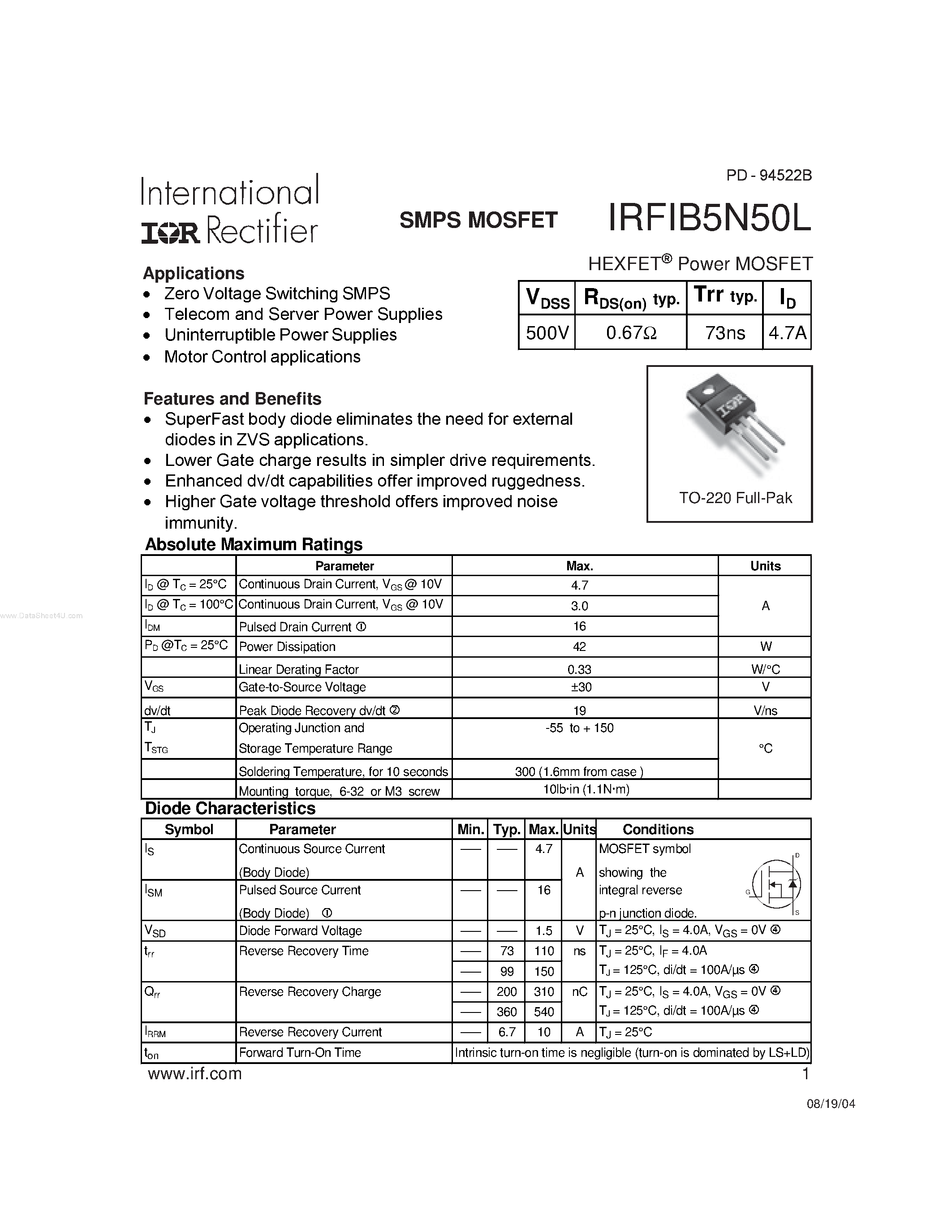 Datasheet IRFIB5N50L - MOTOR Control Application page 1