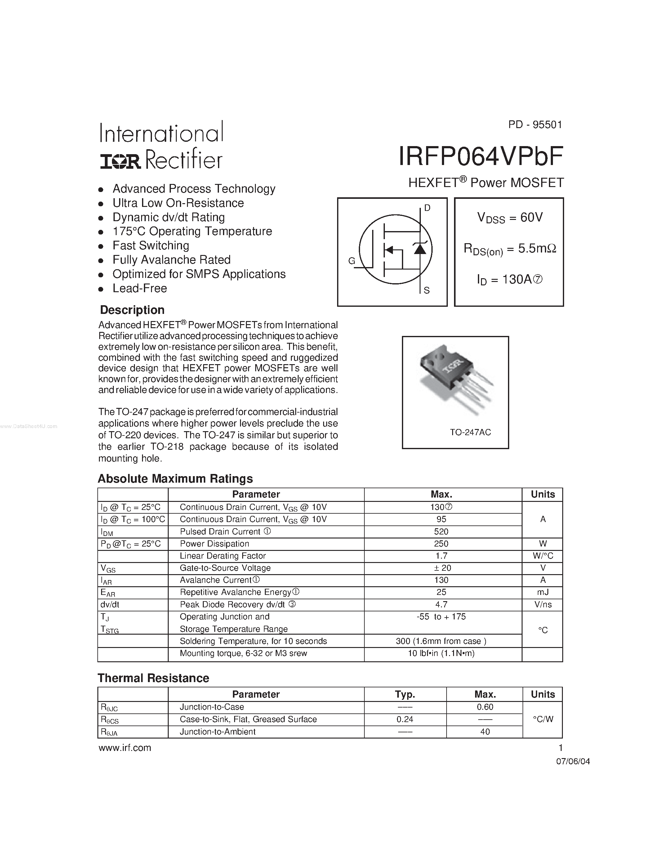 Datasheet IRFP064VPBF page 1 Datasheet IRFP064VPBF - HEXFET Power MOSFET page 1