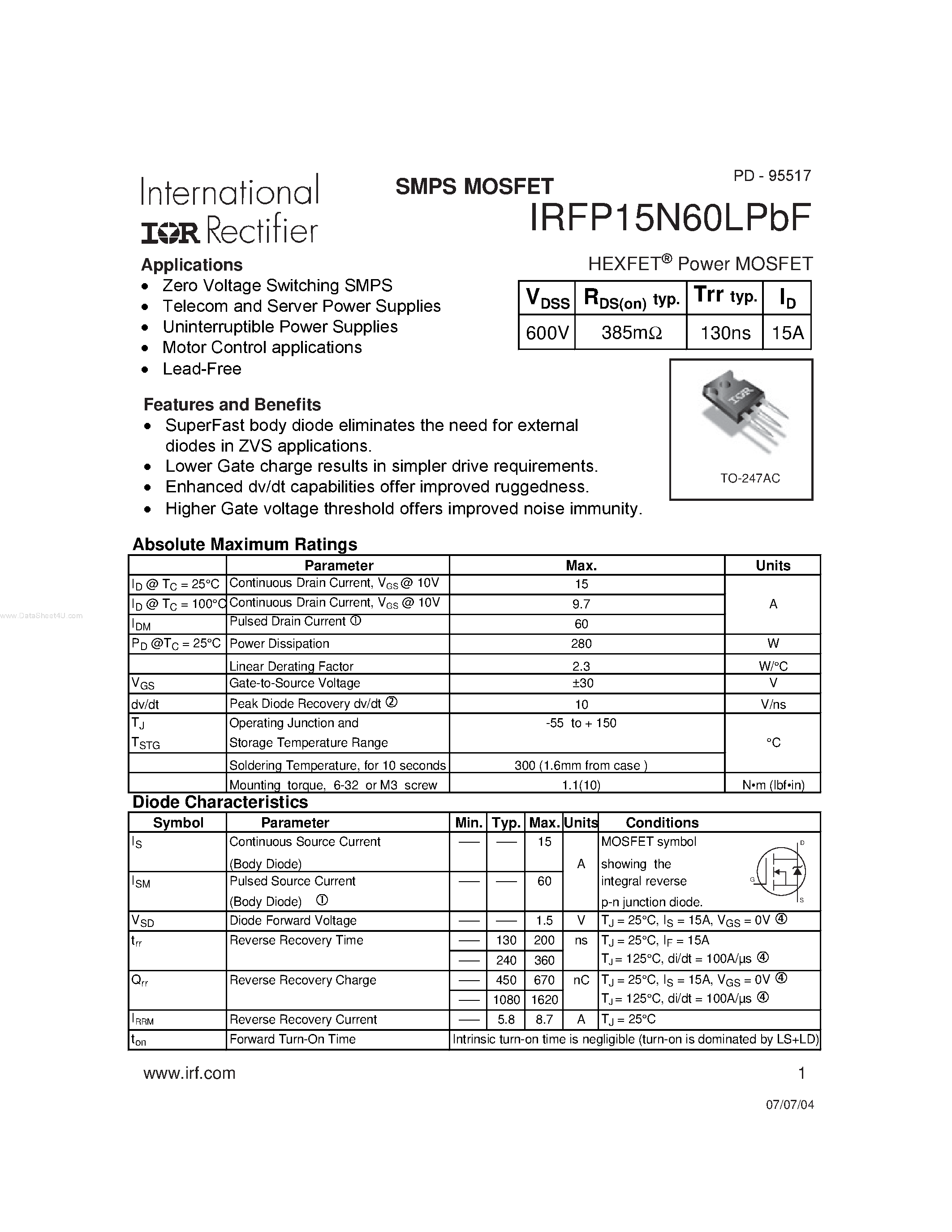 Даташит на микросхему IRFP15N60LPBF страница 1 Даташит IRFP15N60LPBF - SMPS MOSFET страница 1