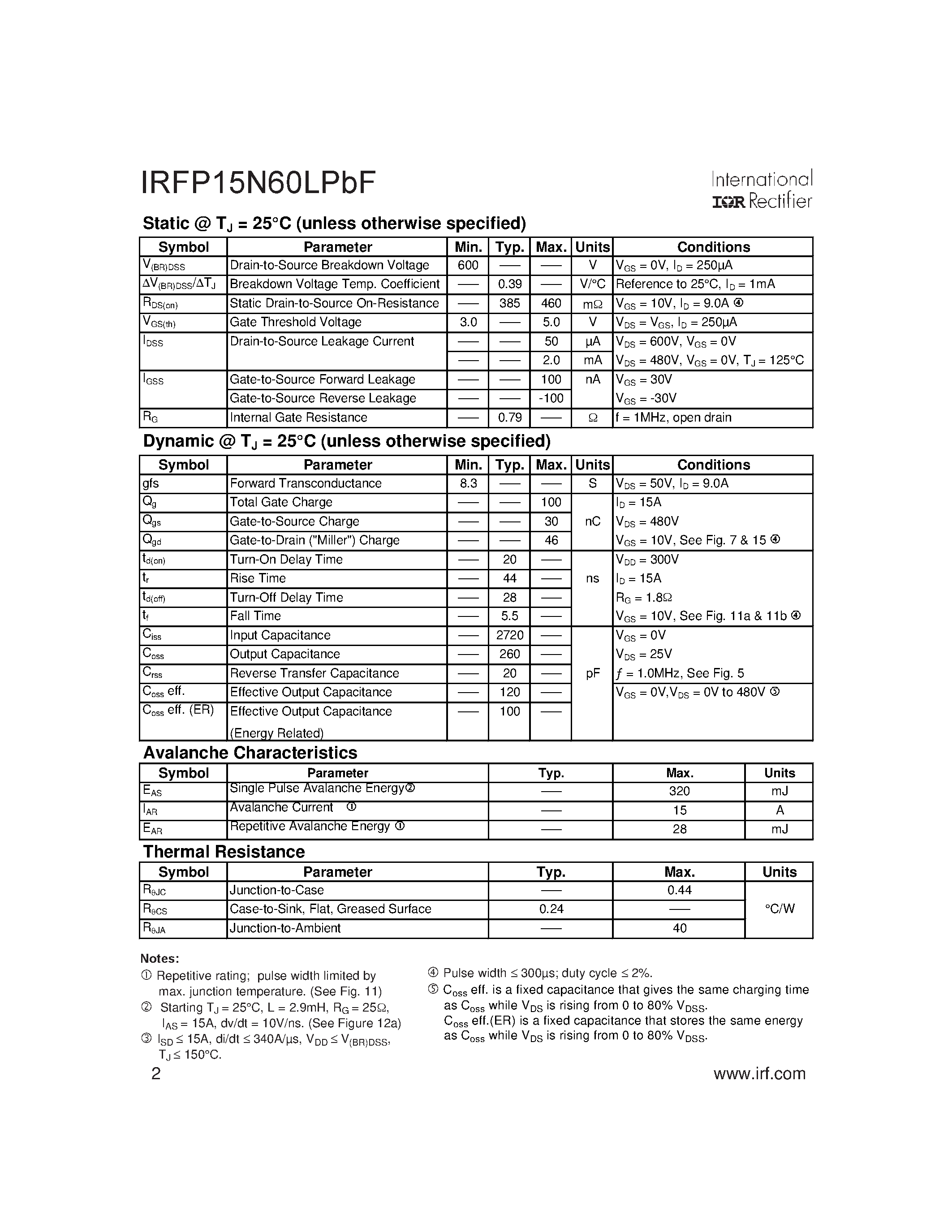 Даташит IRFP15N60LPBF - SMPS MOSFET страница 2