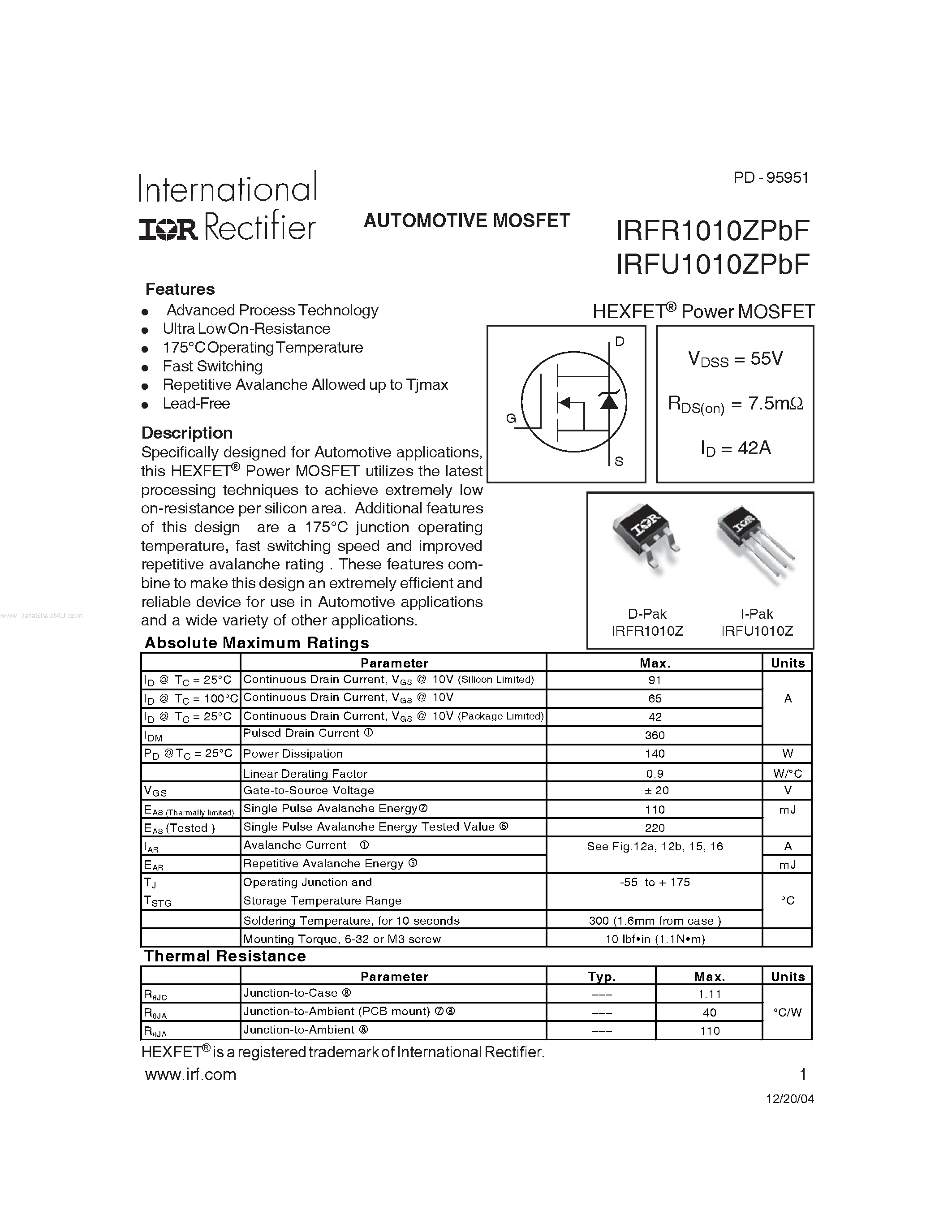 Datasheet IRFR1010ZPBF - AUTOMOTIVE MOSFET page 1