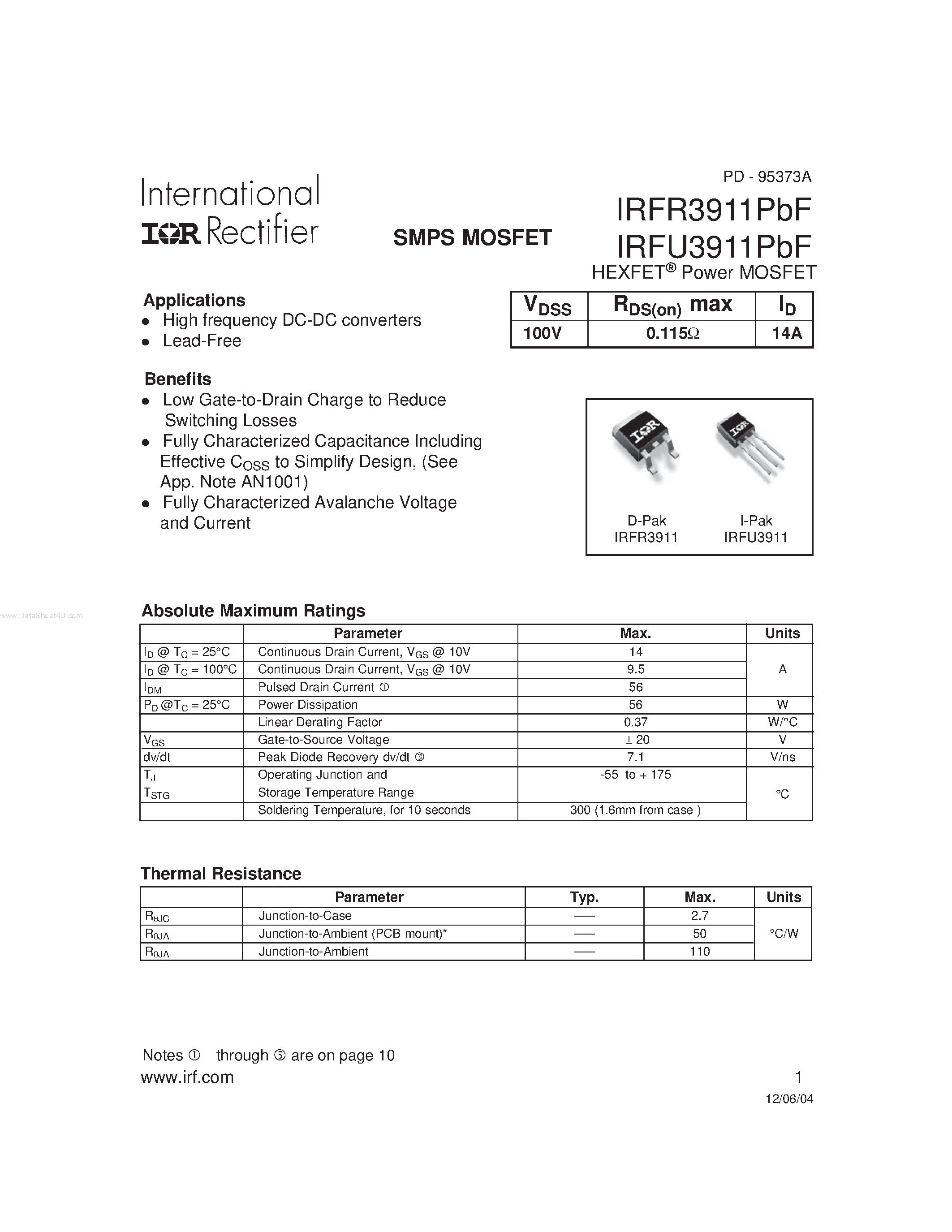 Datasheet IRFR3911PBF - SMPS MOSFET page 1