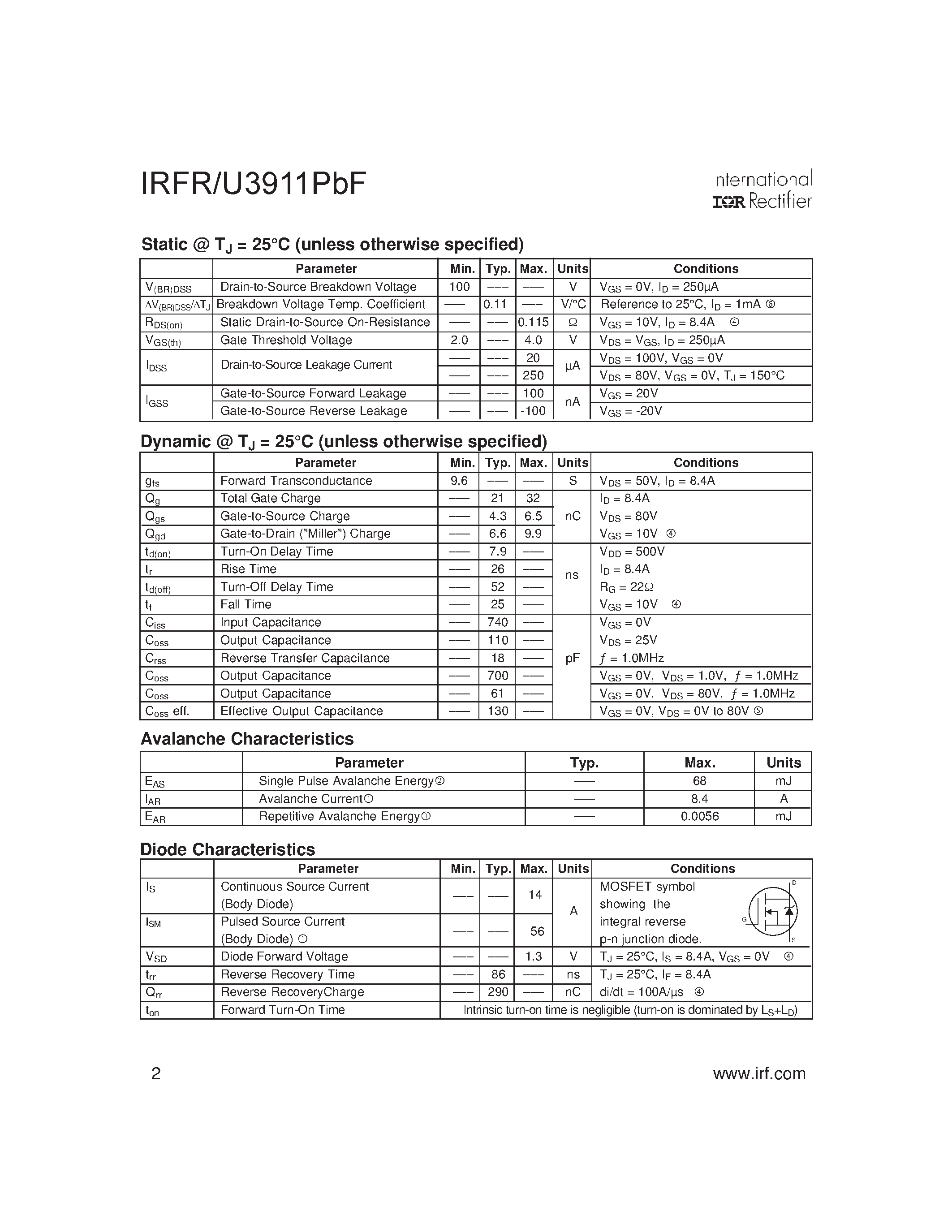 Datasheet IRFR3911PBF - SMPS MOSFET page 2