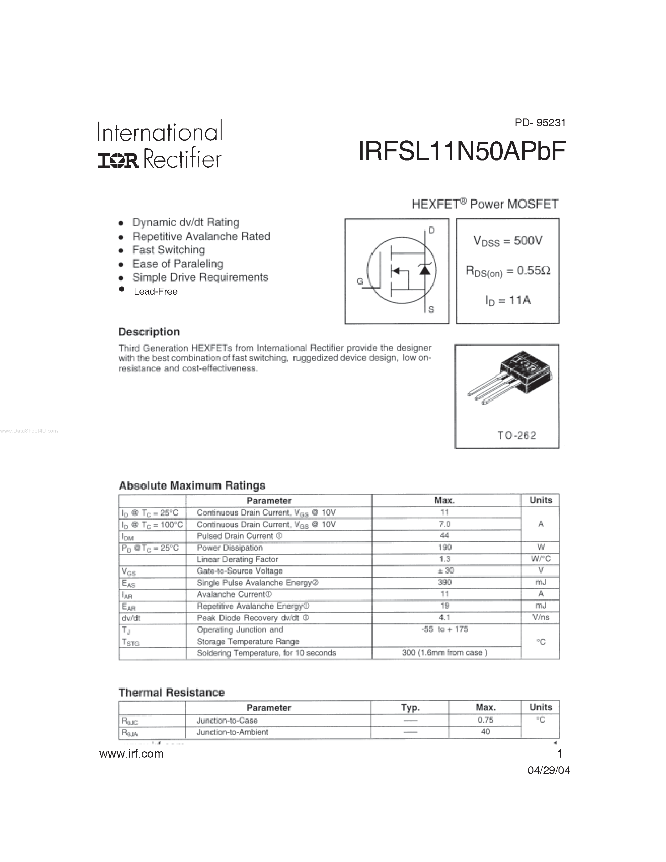 Datasheet IRFSL11N50APBF - HEXFET Power MOSFET page 1