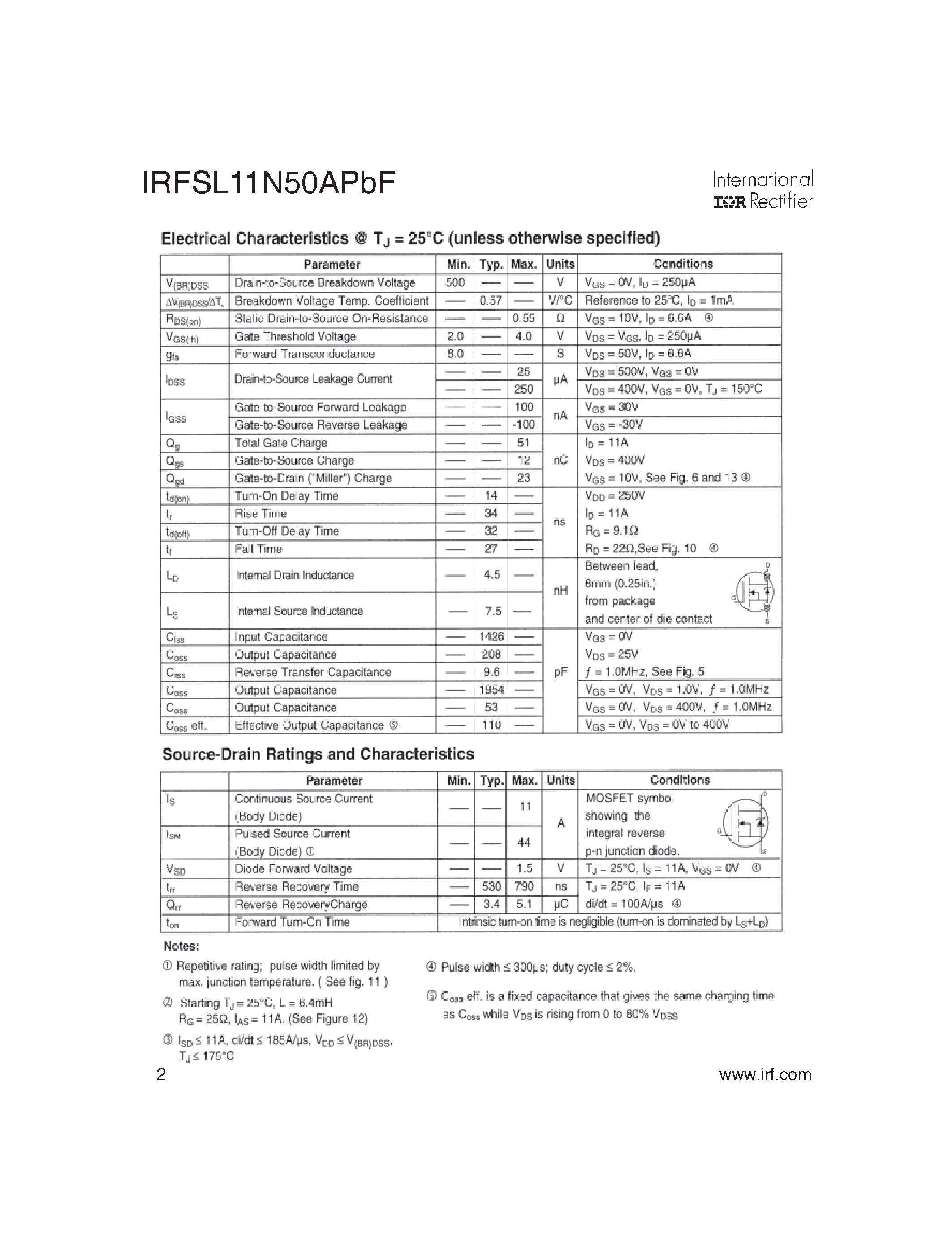 Datasheet IRFSL11N50APBF - HEXFET Power MOSFET page 2