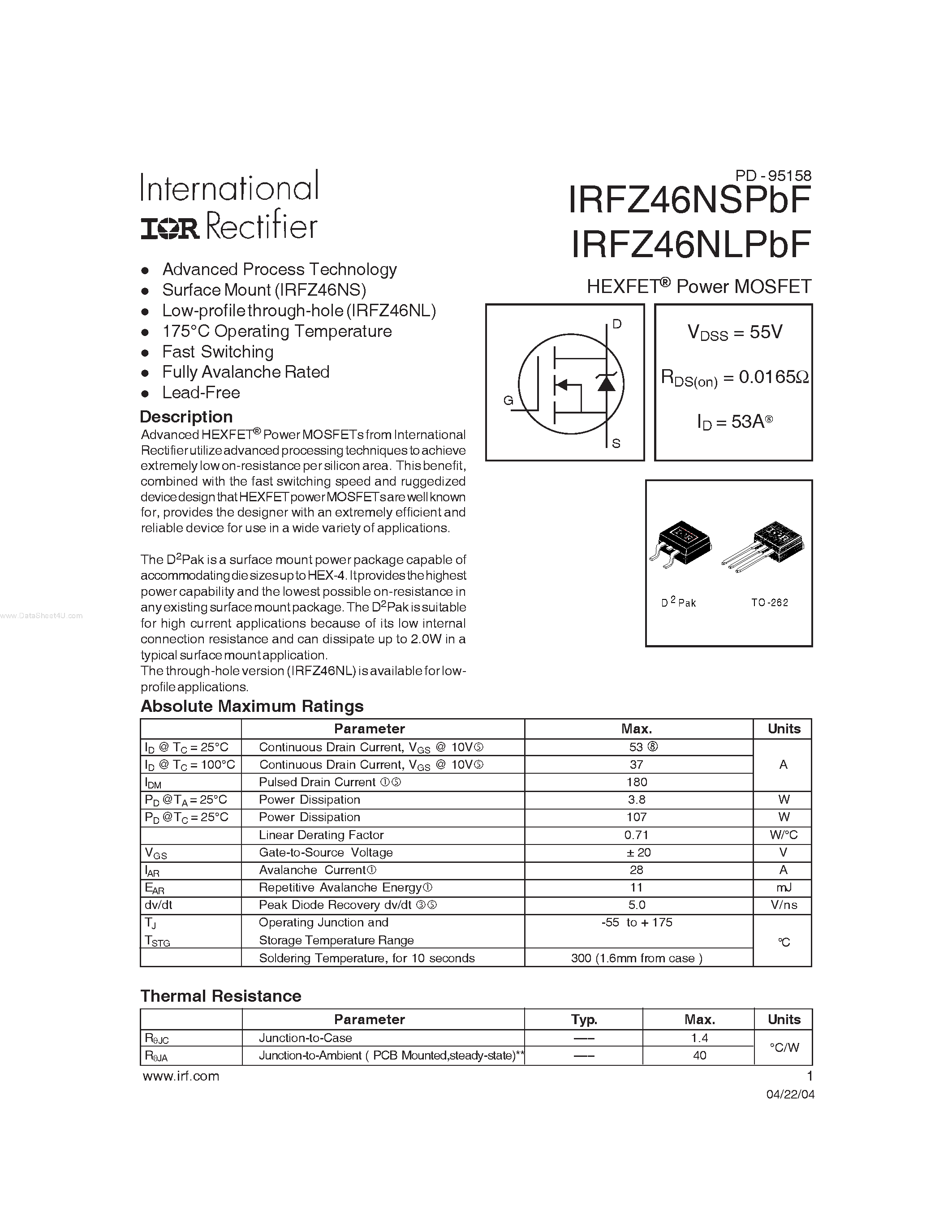 Datasheet IRFZ46NLPbF - HEXFET Power MOSFET page 1