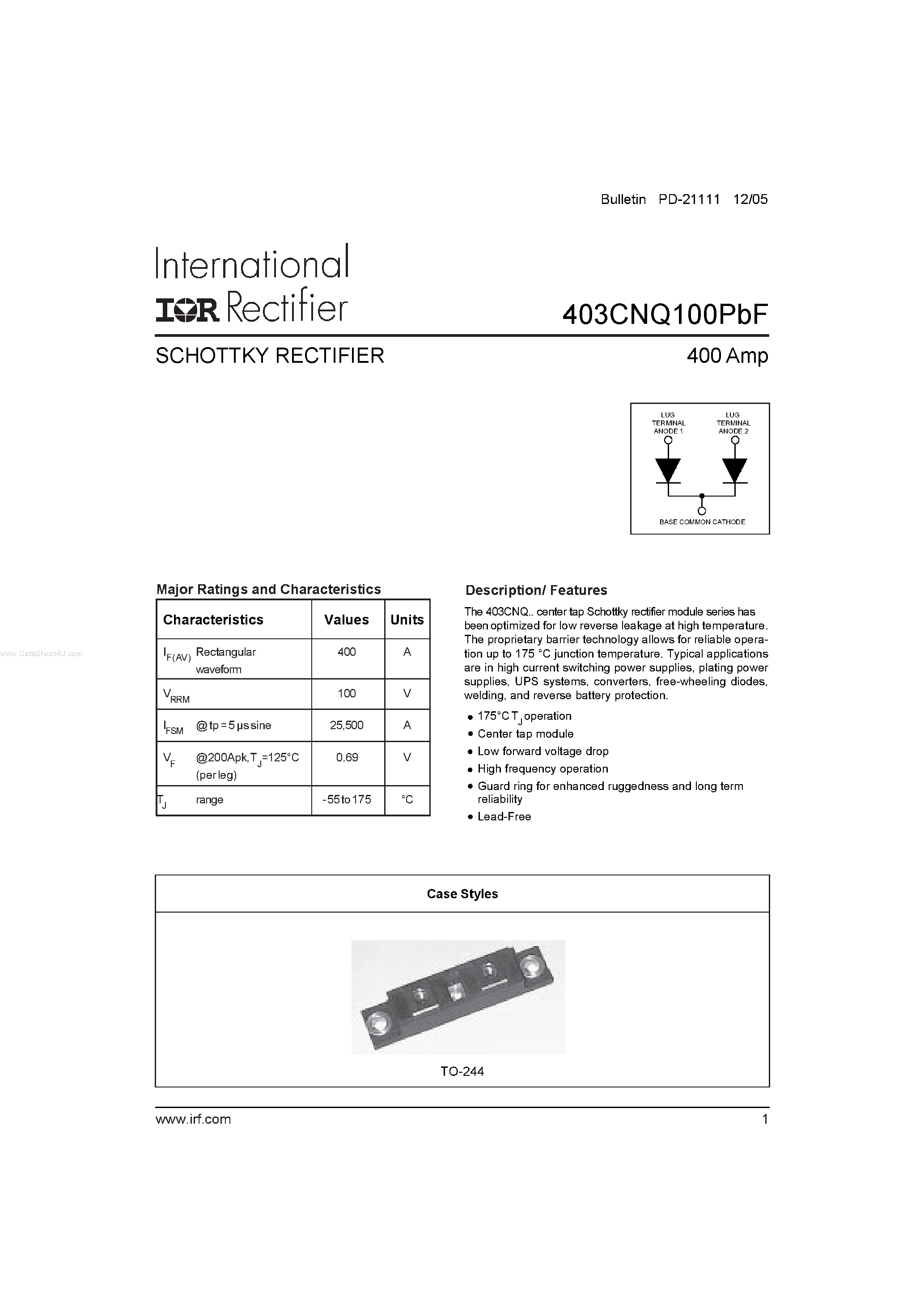 Datasheet 403CNQ100PBF - SCHOTTKY RECTIFIER page 1