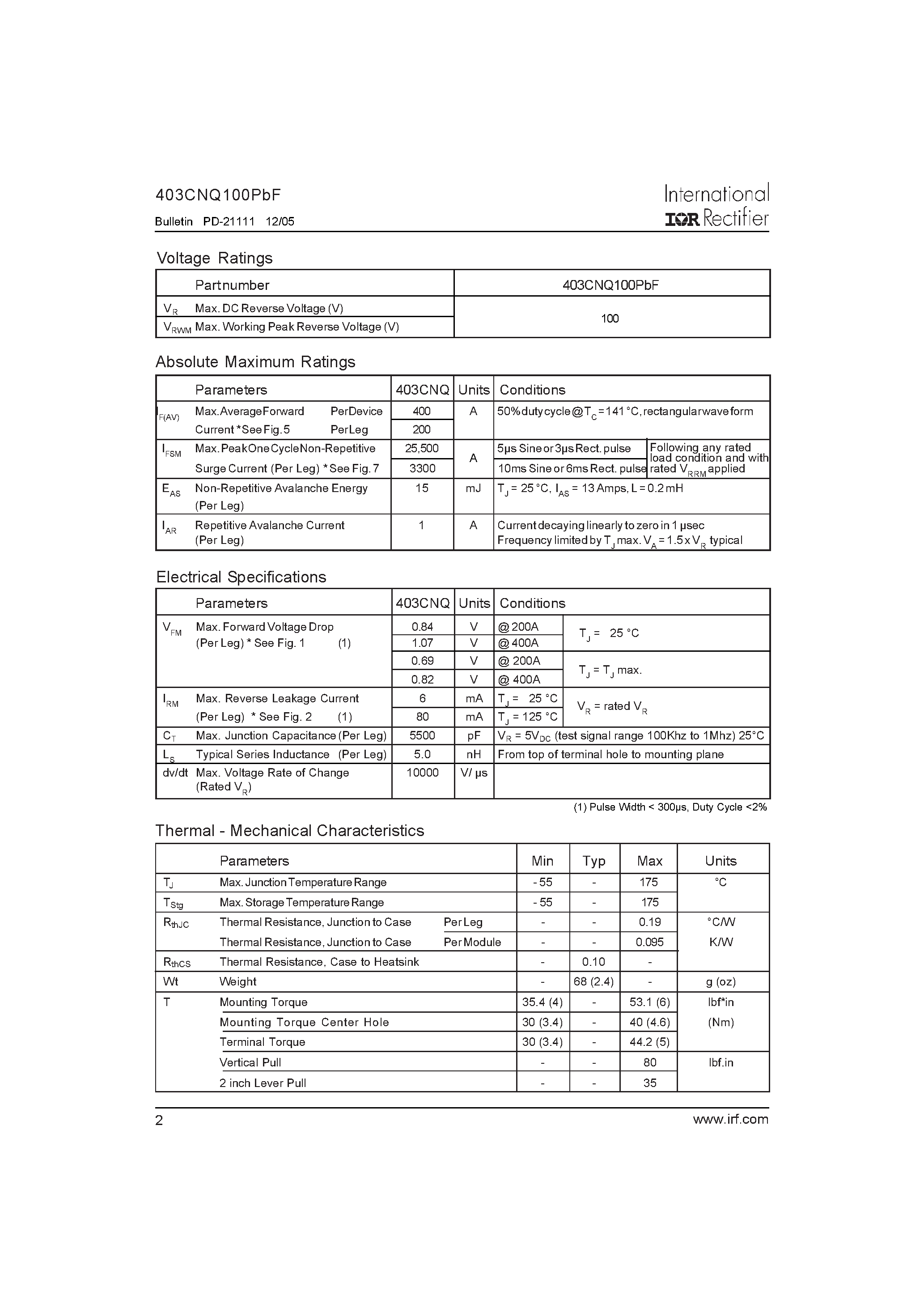 Datasheet 403CNQ100PBF - SCHOTTKY RECTIFIER page 2