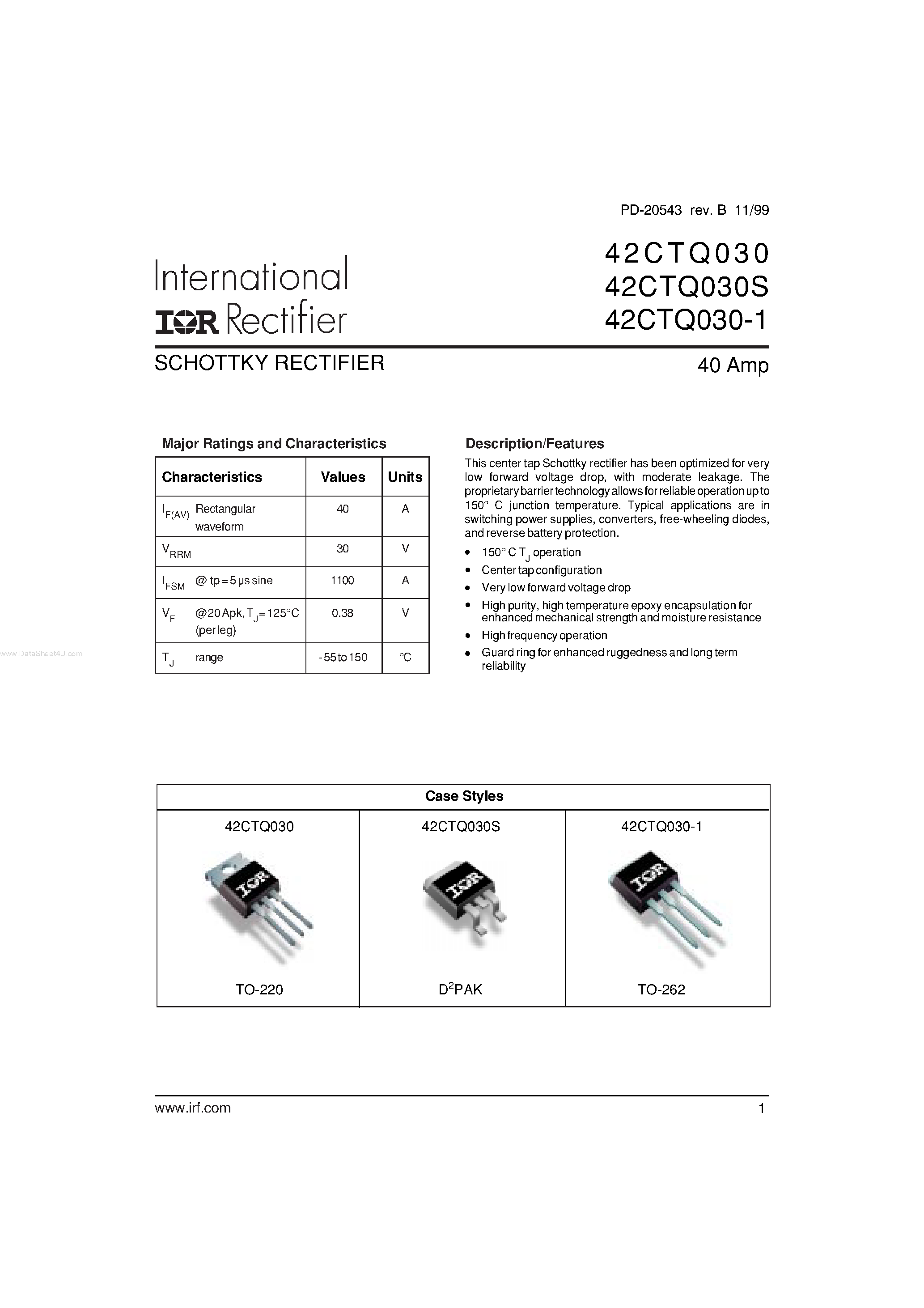 Datasheet 42CTQ030 - (42CTQ030x) SCHOTTKY RECTIFIER page 1