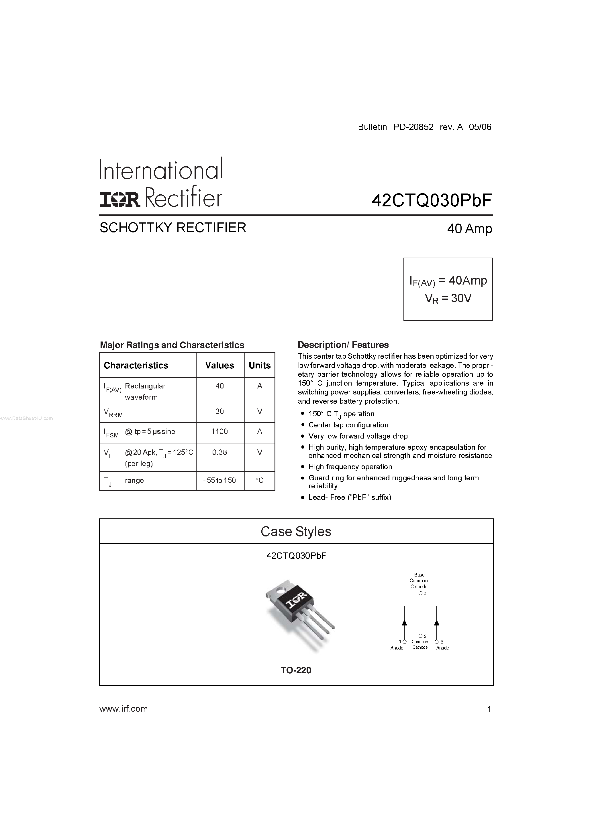 Datasheet 42CTQ030PBF - SCHOTTKY RECTIFIER page 1