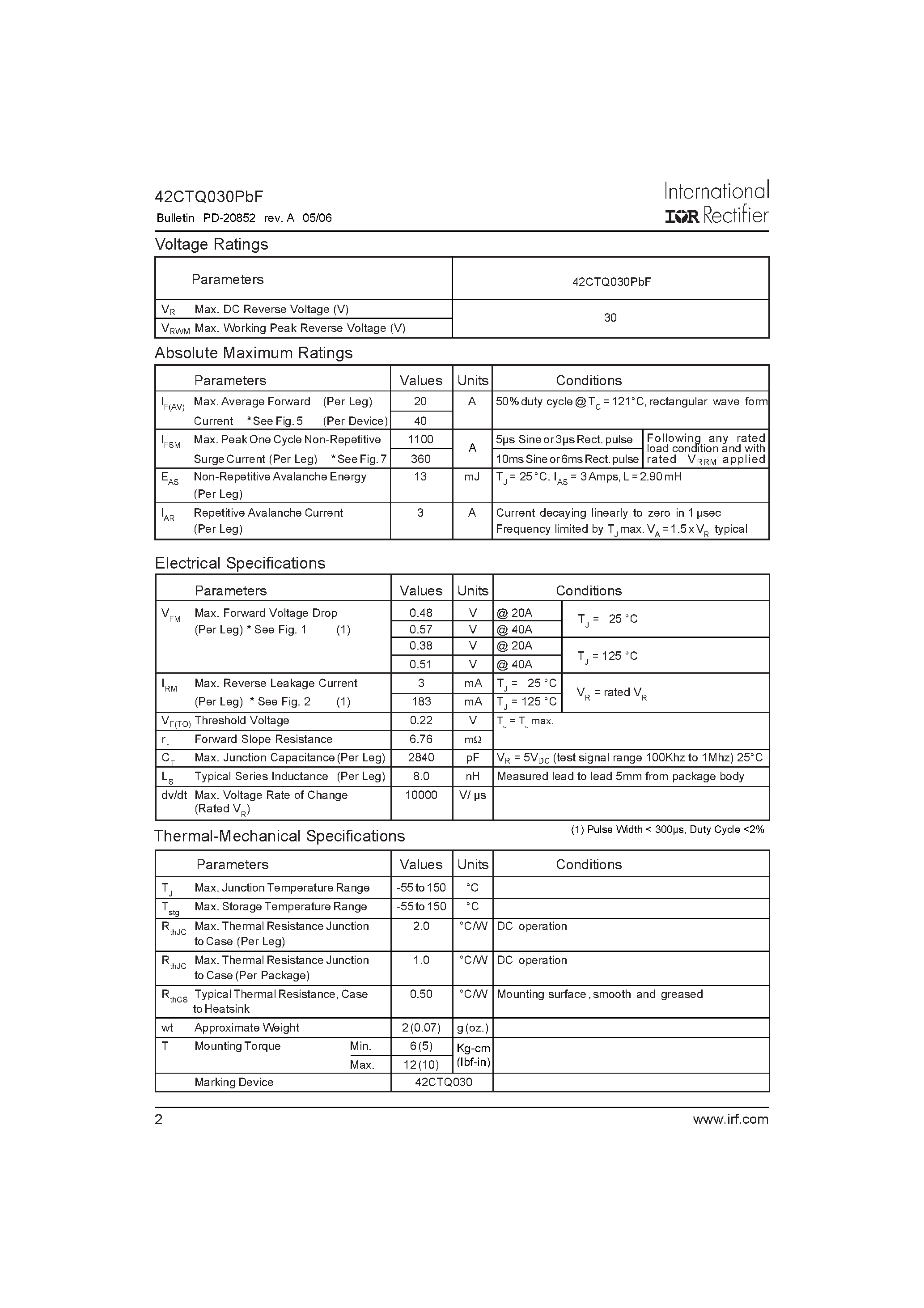 Datasheet 42CTQ030PBF - SCHOTTKY RECTIFIER page 2