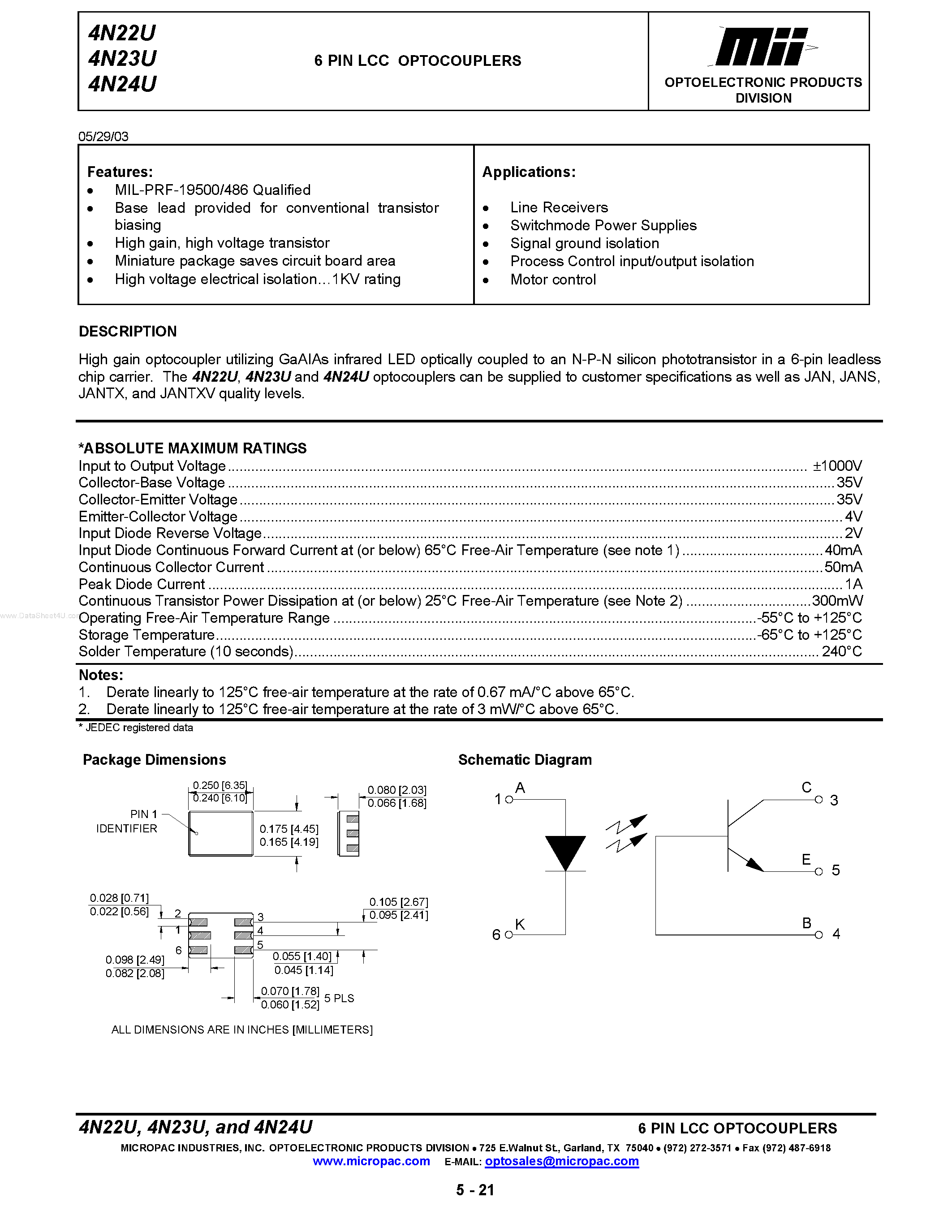 Datasheet 4N22U page 1 Datasheet 4N22U - (4N22U - 4N24U) 6-Pin LCC Optocouplers page 1
