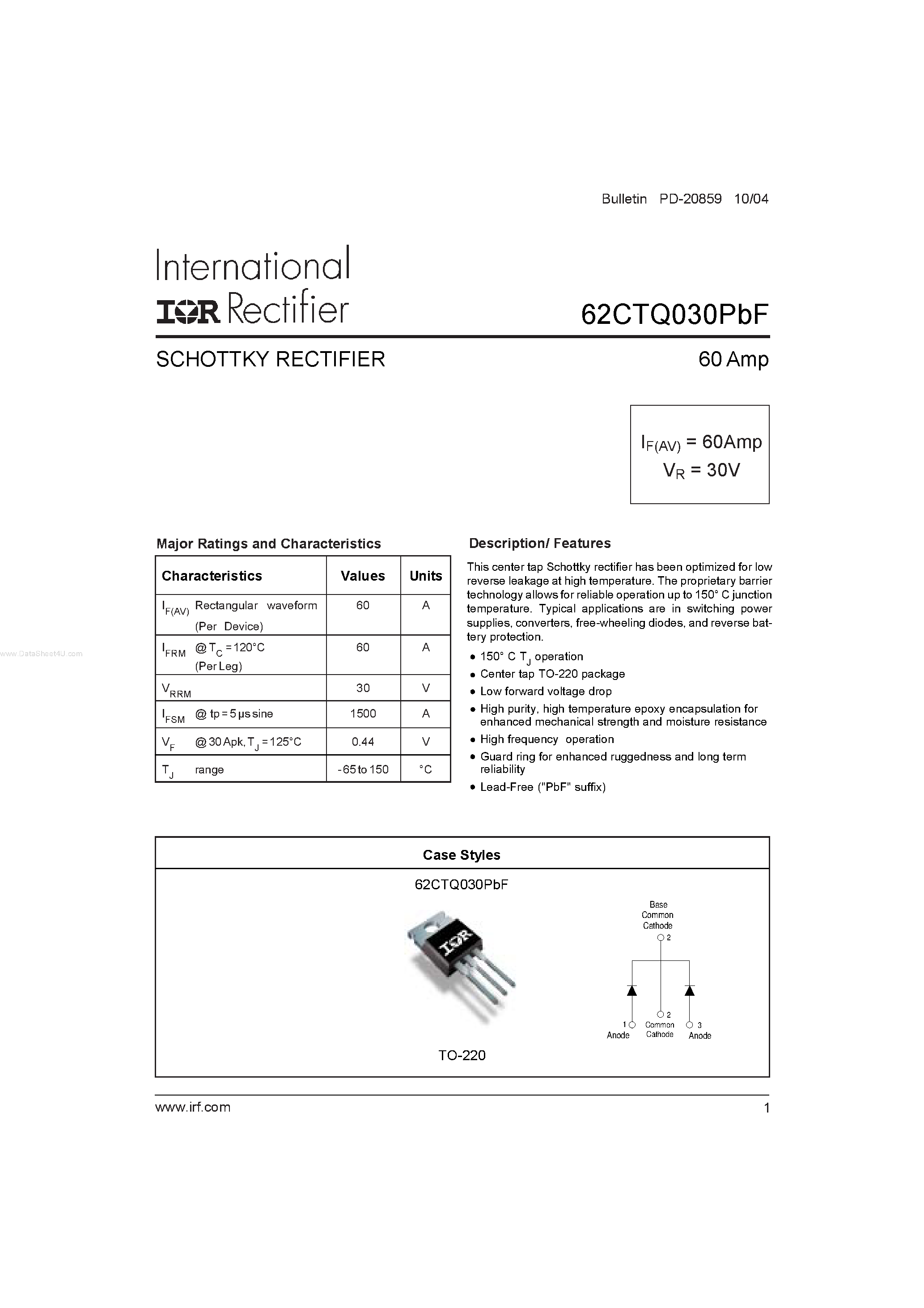 Datasheet 62CTQ030PBF - SCHOTTKY RECTIFIER page 1