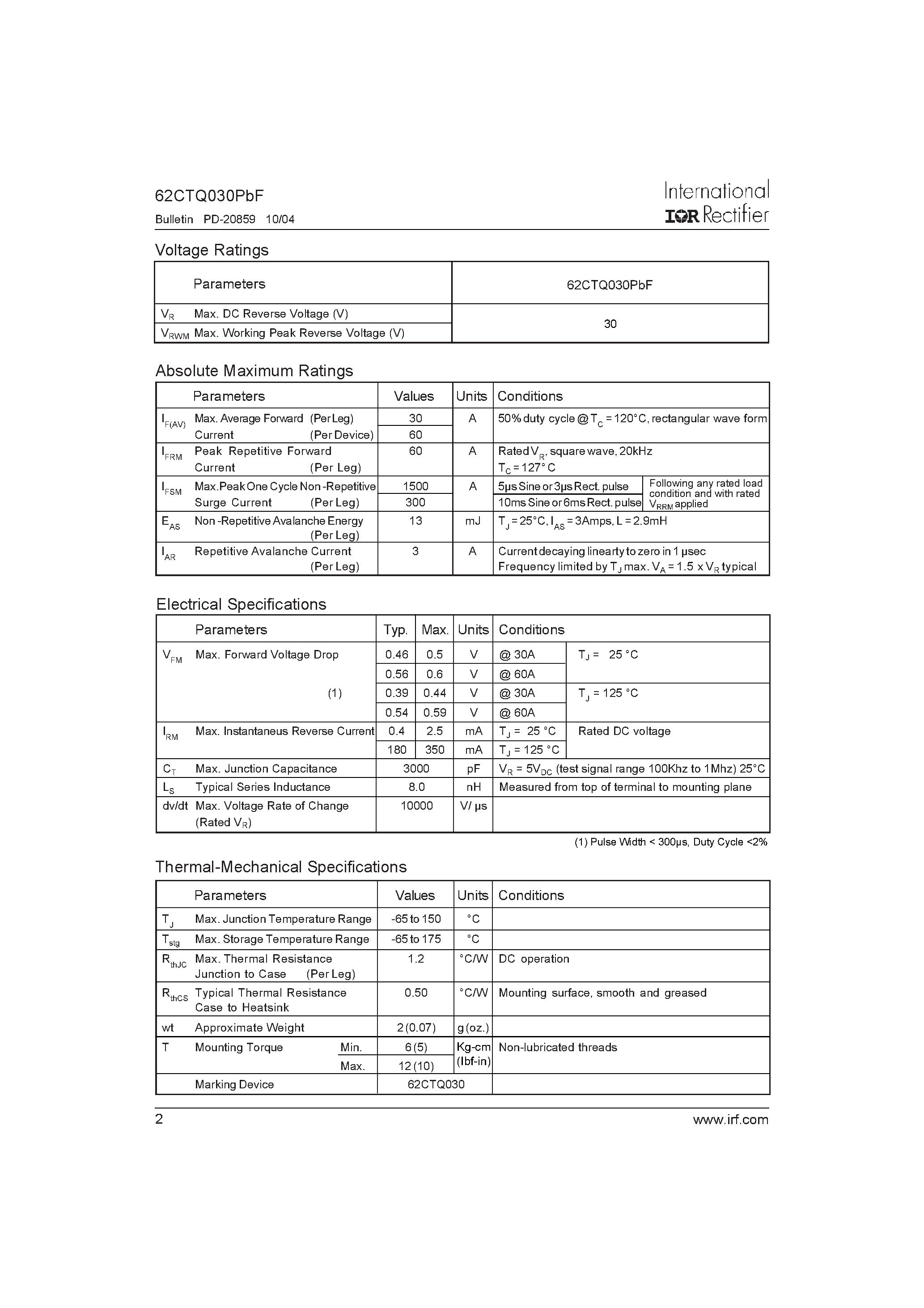 Datasheet 62CTQ030PBF - SCHOTTKY RECTIFIER page 2