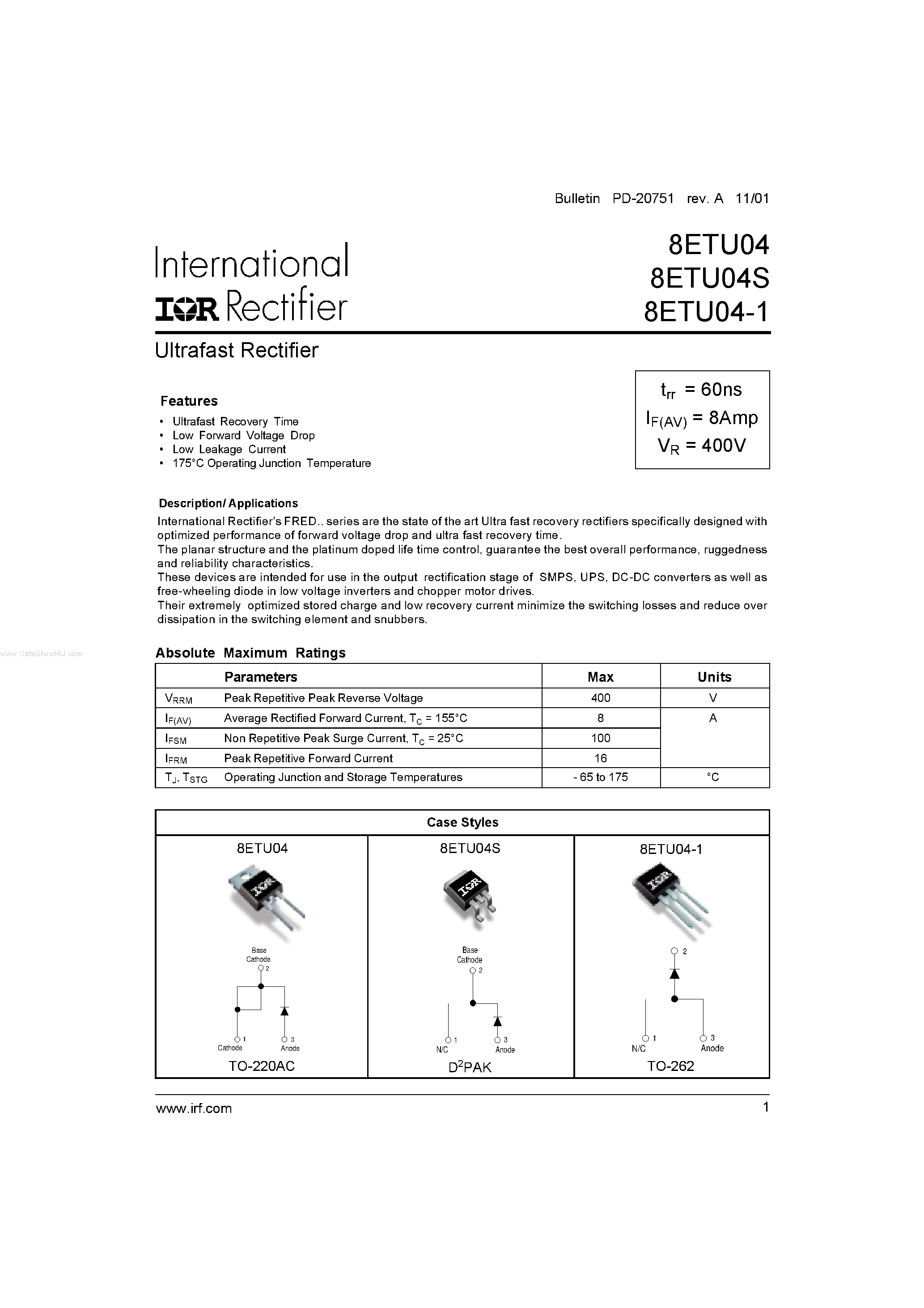 Datasheet 8ETU04 - (8ETU04x) Ultrafast Rectifier page 1