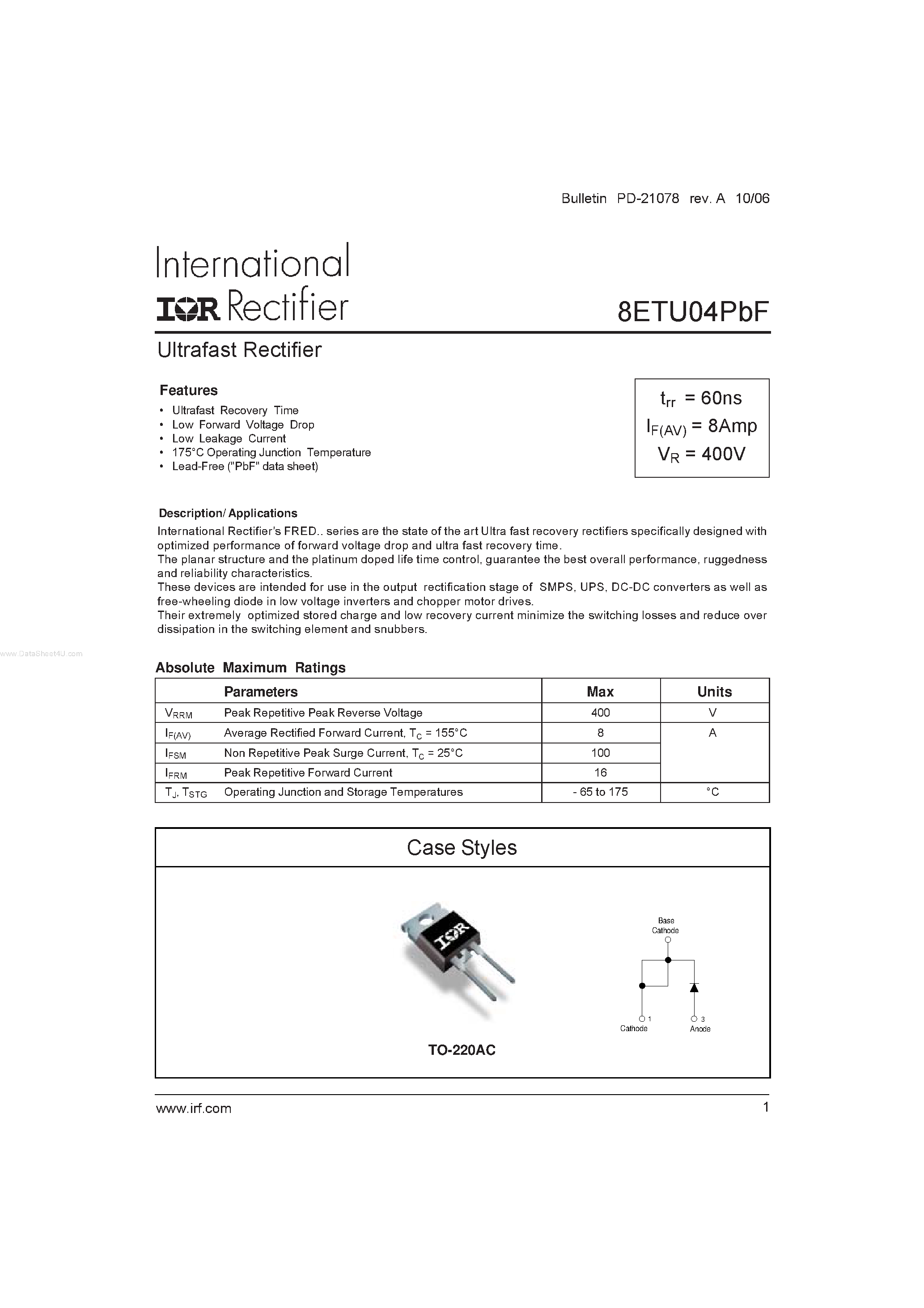 Datasheet 8ETU04PBF page 1 Datasheet 8ETU04PBF - Ultrafast Rectifier page 1