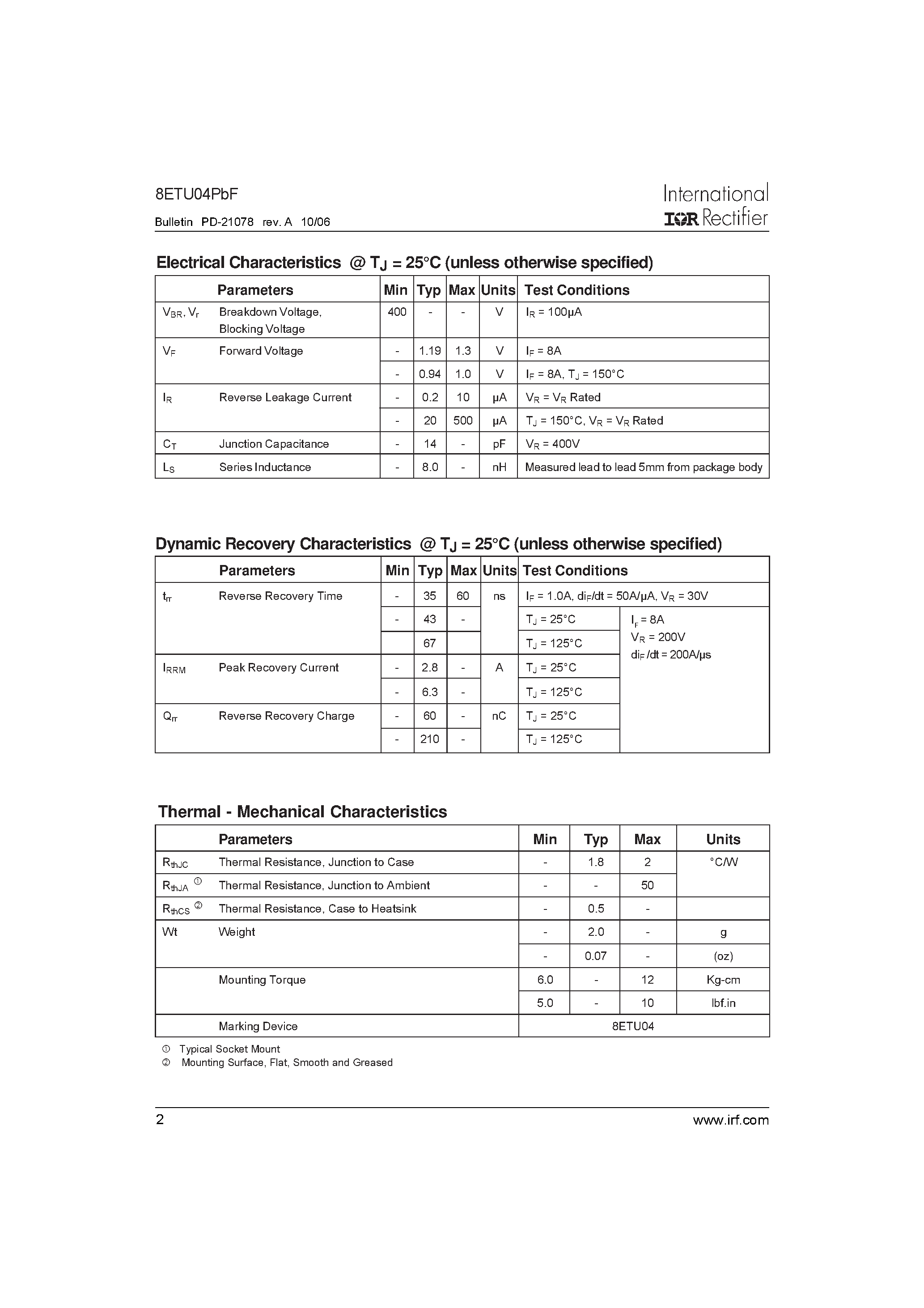 Datasheet 8ETU04PBF page 2 Datasheet 8ETU04PBF - Ultrafast Rectifier page 2