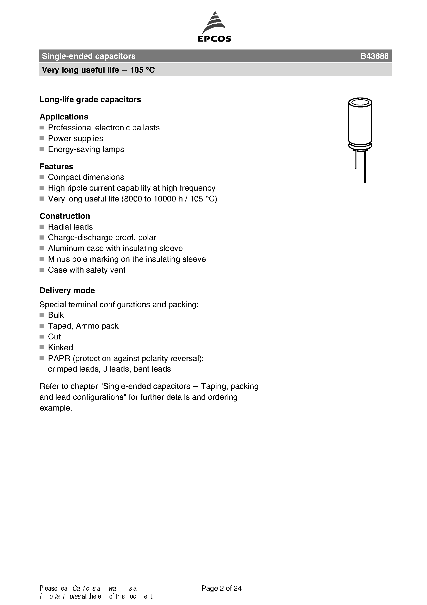 Datasheet B43888 - Single-ended capacitors page 2