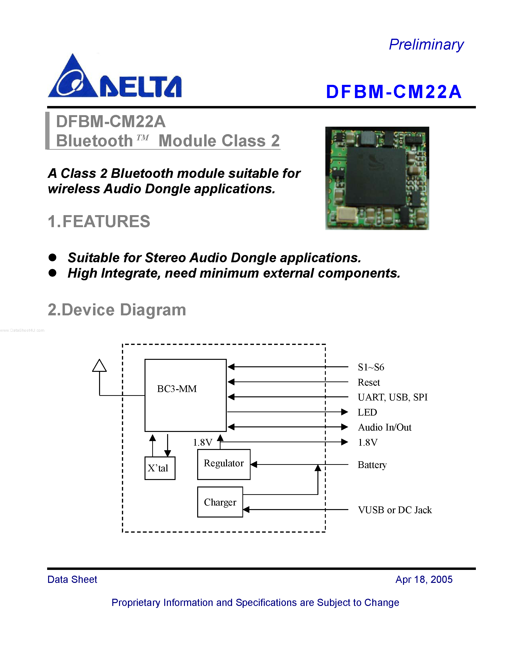 Даташит DFBM-CM22A - Bluetooth Module Class 2 страница 1
