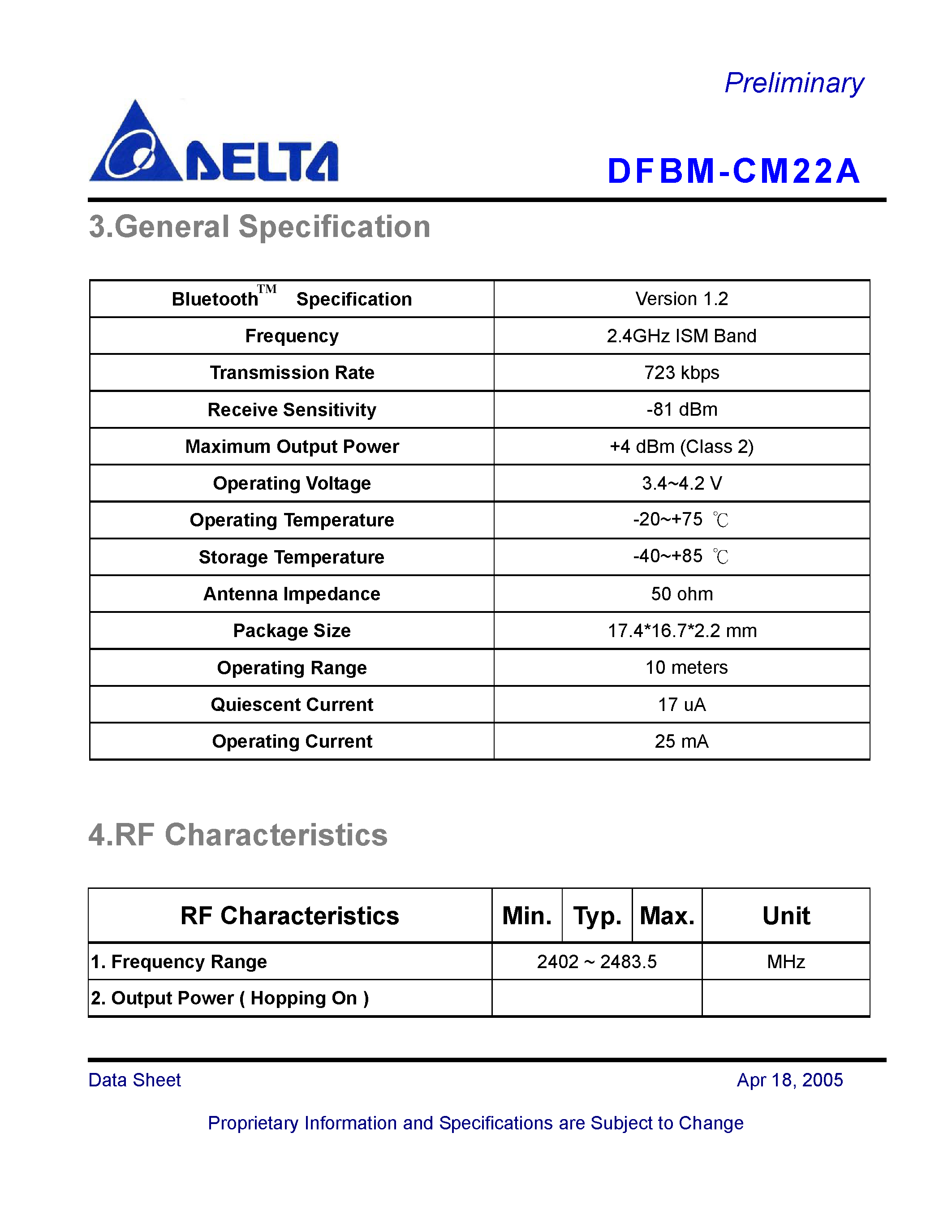 Даташит DFBM-CM22A - Bluetooth Module Class 2 страница 2