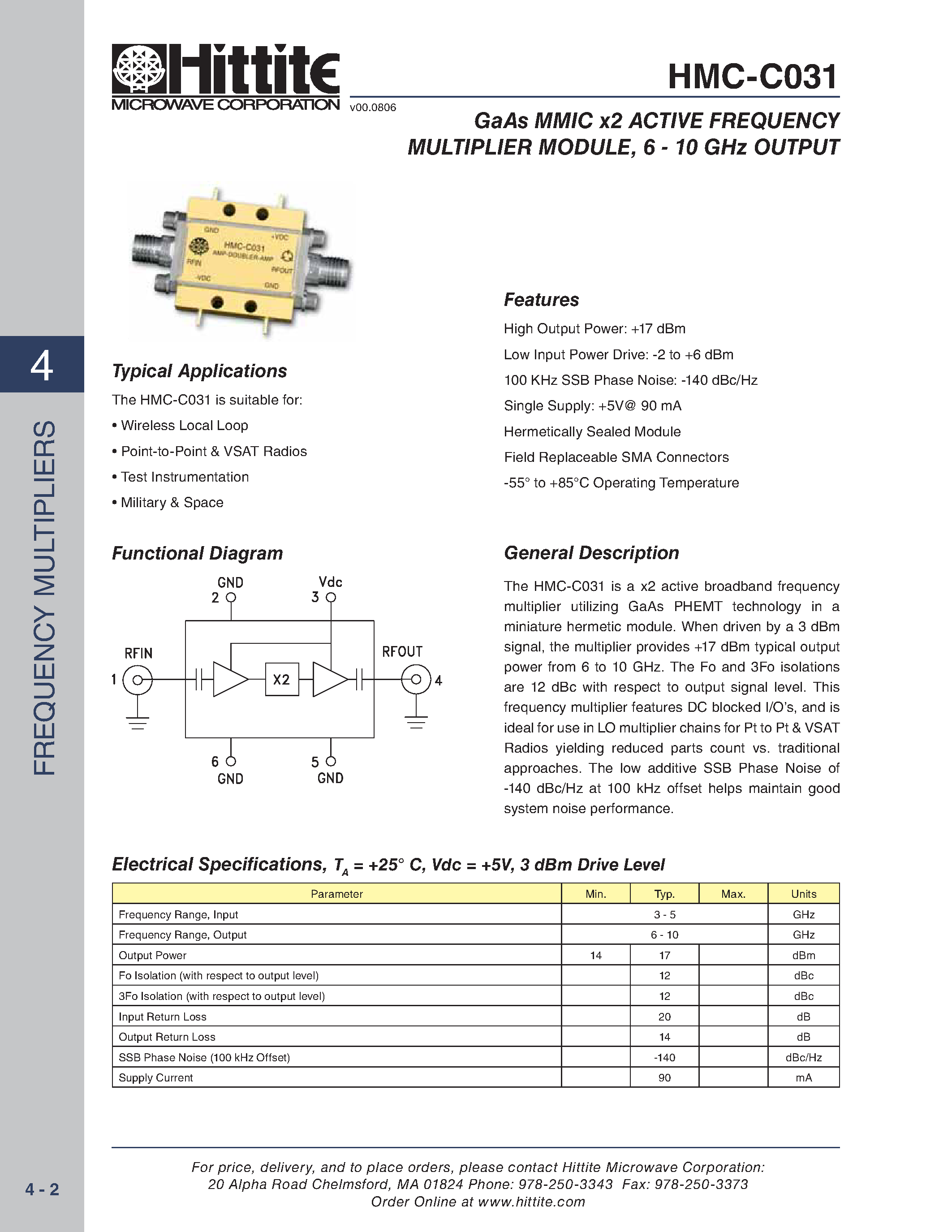 Даташит HMC-C031 - GaAs MMIC x2 ACTIVE FREQUENCY MULTIPLIER MODULE страница 1