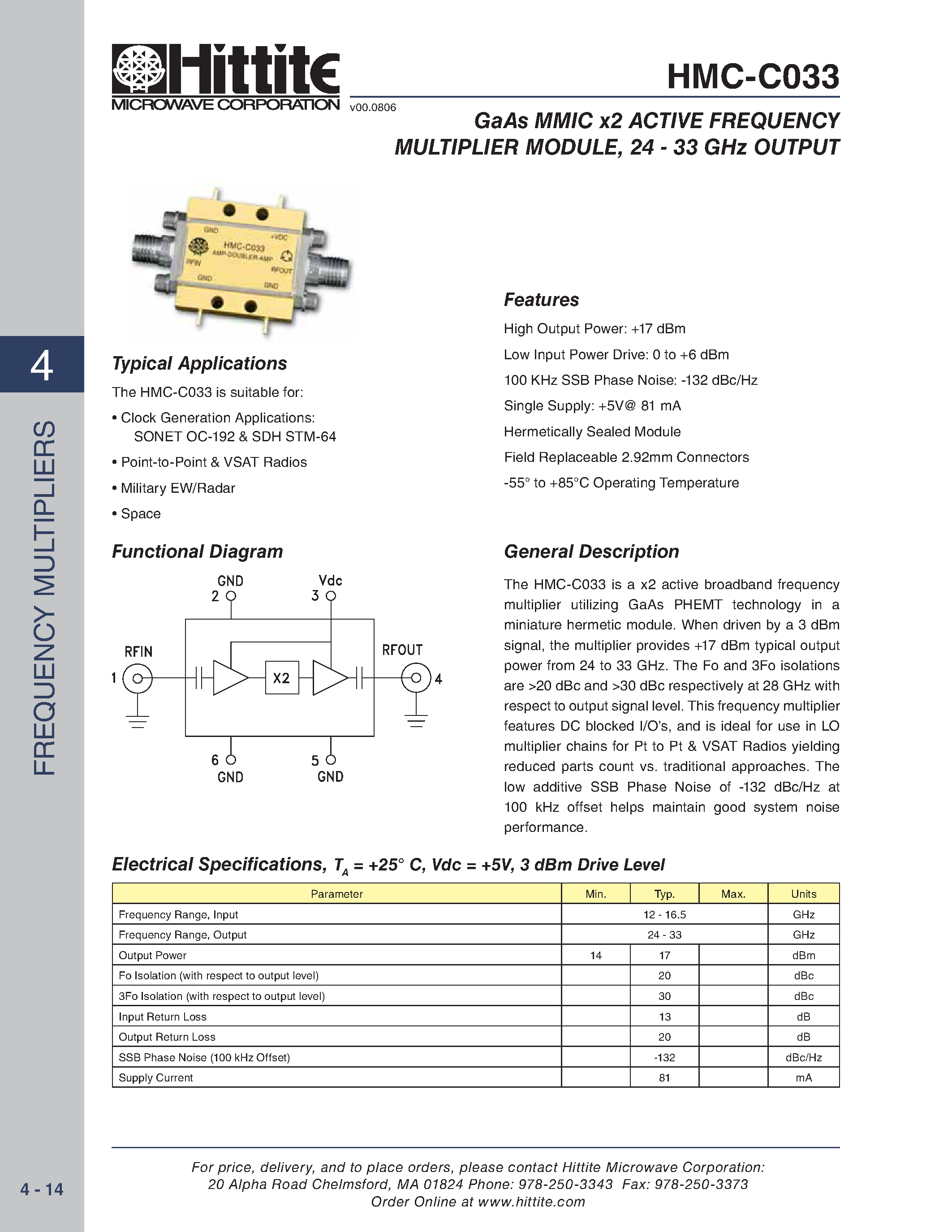 Даташит HMC-C033 - GaAs MMIC x2 ACTIVE FREQUENCY MULTIPLIER MODULE страница 1