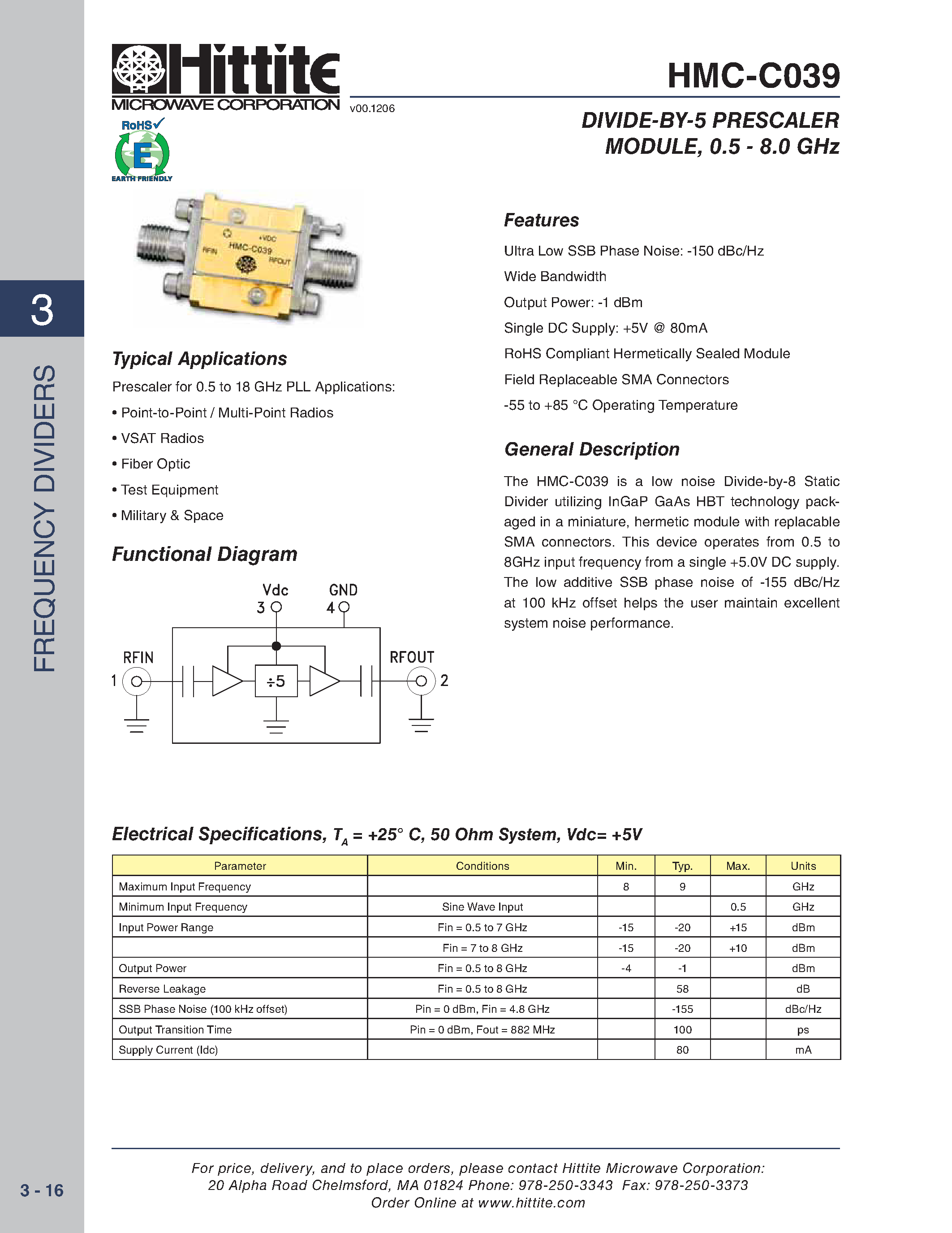 Datasheet HMC-C039 page 1 Datasheet HMC-C039 - DIVIDE-BY-5 PRESCALER MODULE page 1