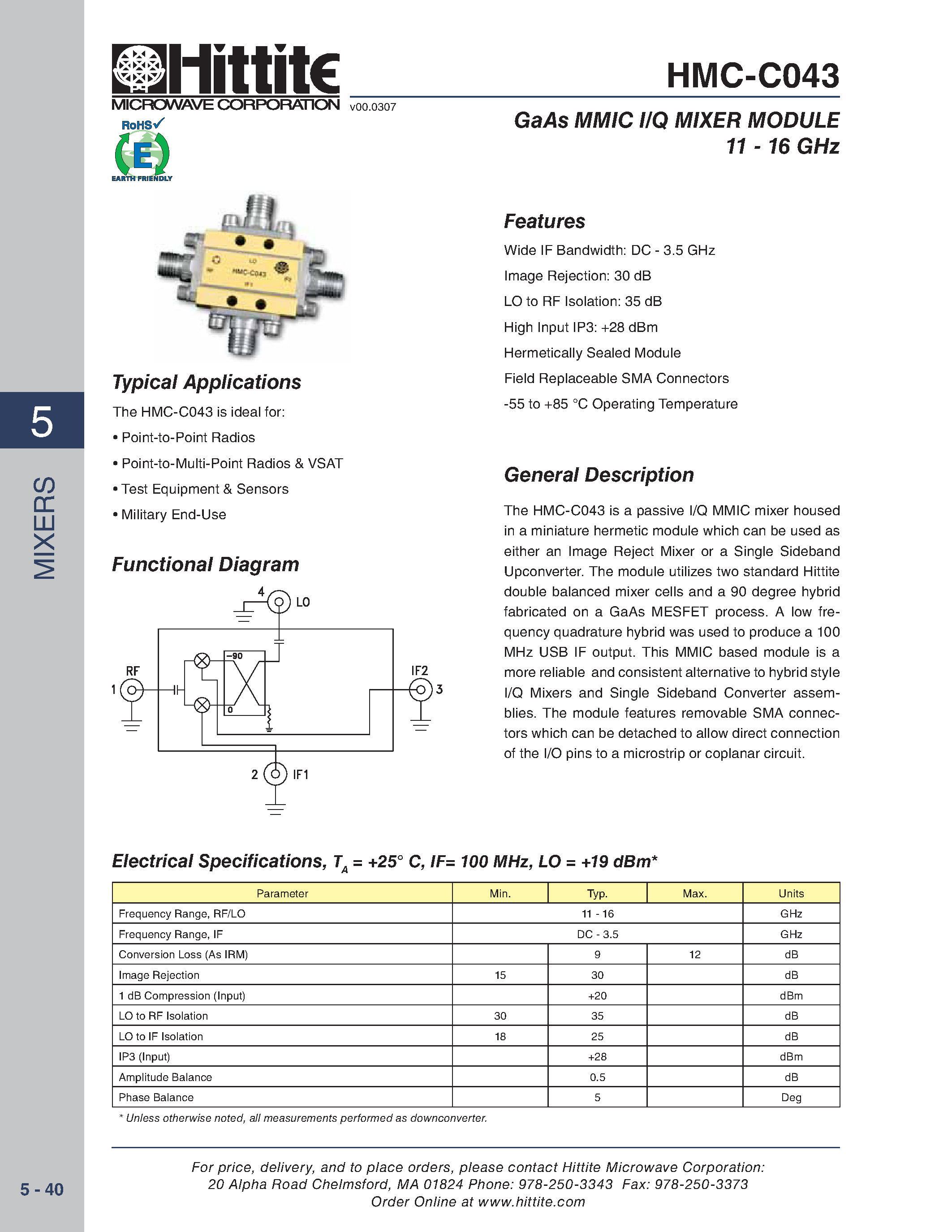 Даташит на микросхему HMC-C043 страница 1 Даташит HMC-C043 - GaAs MMIC I/Q MIXER MODULE страница 1