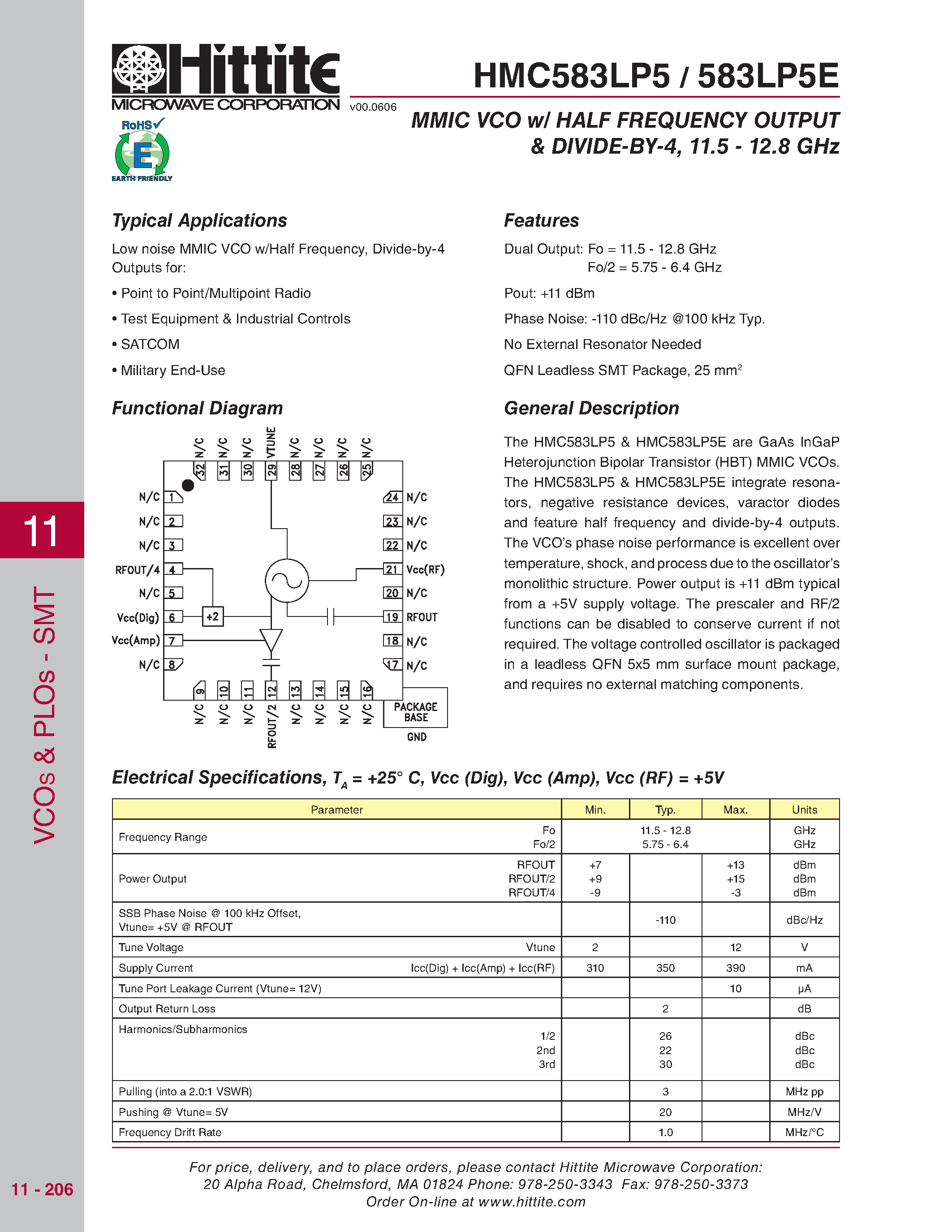 Даташит HMC583LP5 - MMIC VCO w/ HALF FREQUENCY OUTPUT страница 1