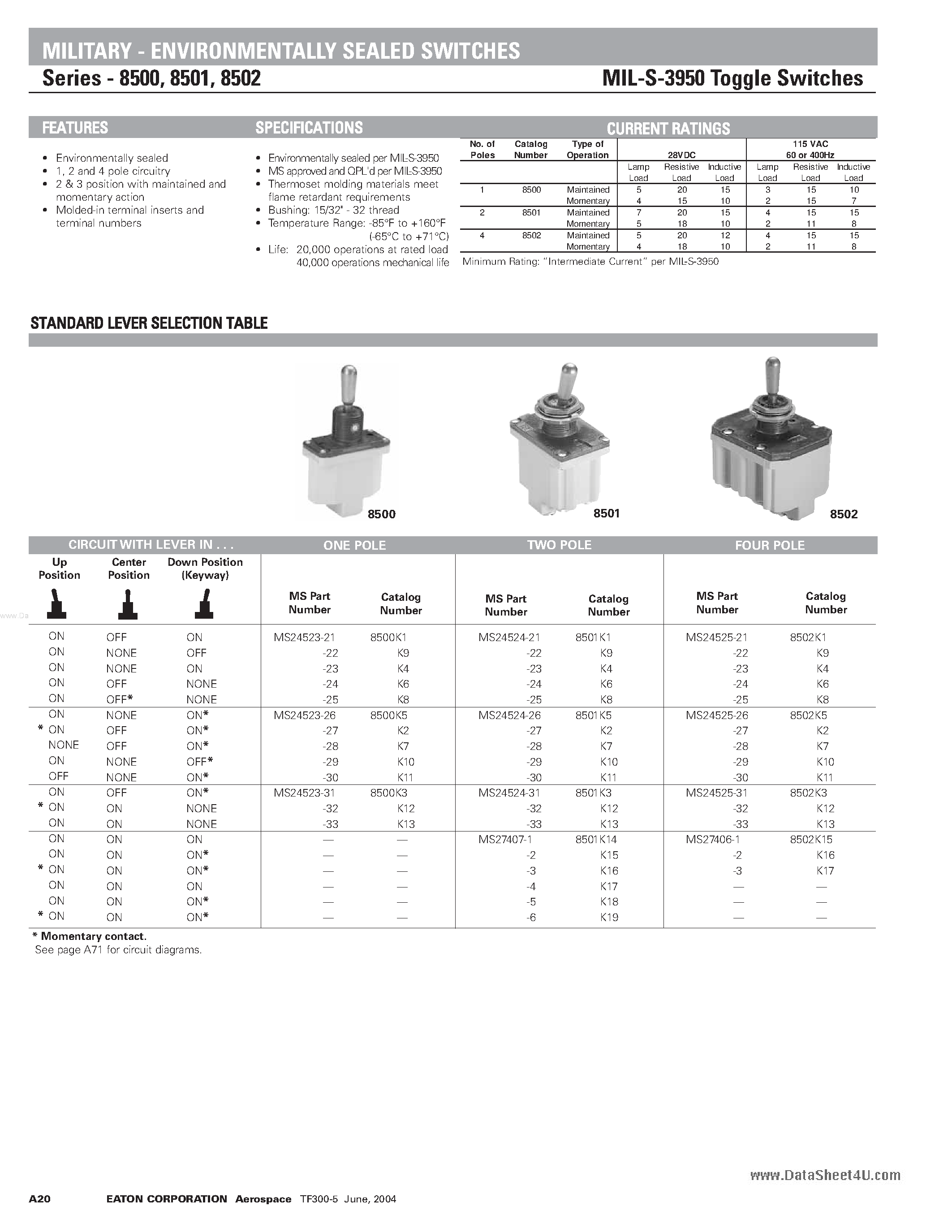 Даташит на микросхему MS24523-xx страница 1 Даташит MS24523-xx - (MS Series) Standard Lever Selection Table страница 1