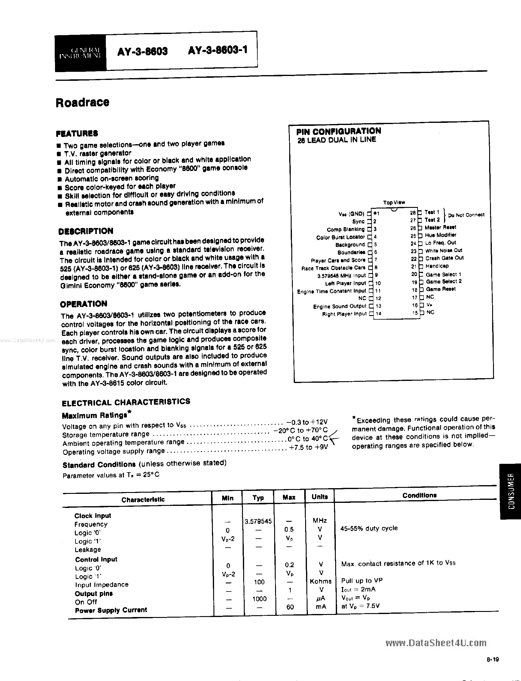Datasheet AY-3-8603 - Roadrace page 1
