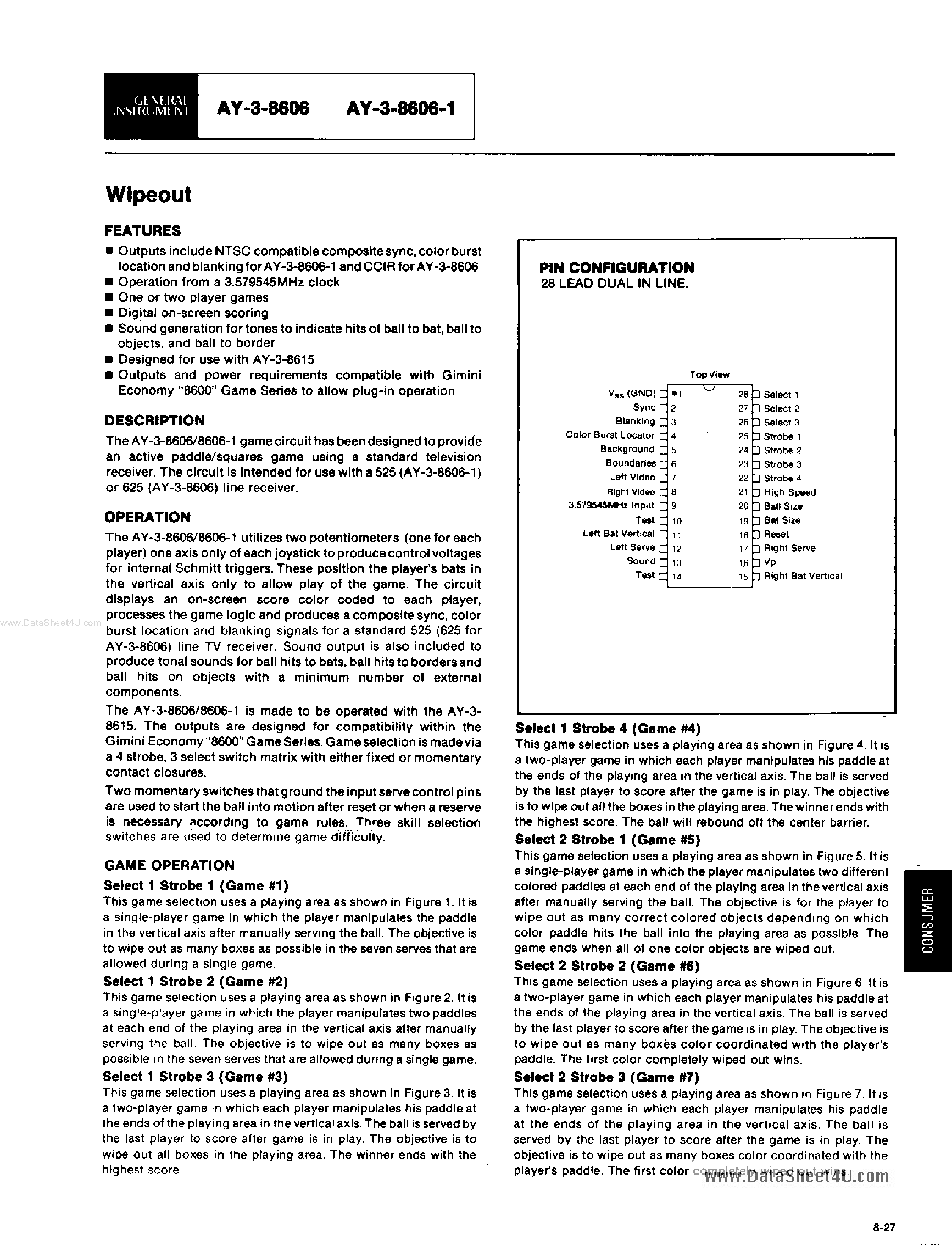 Datasheet AY-3-8606 - Wipeout page 1