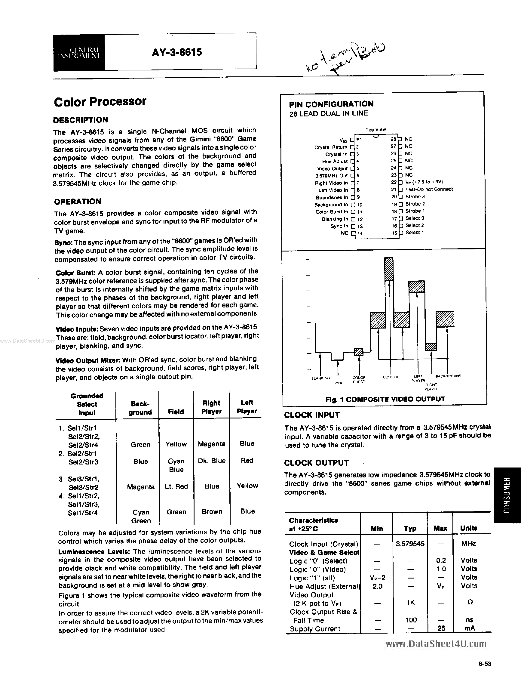 Datasheet AY-3-8615 page 1 Datasheet AY-3-8615 - Color Processor page 1