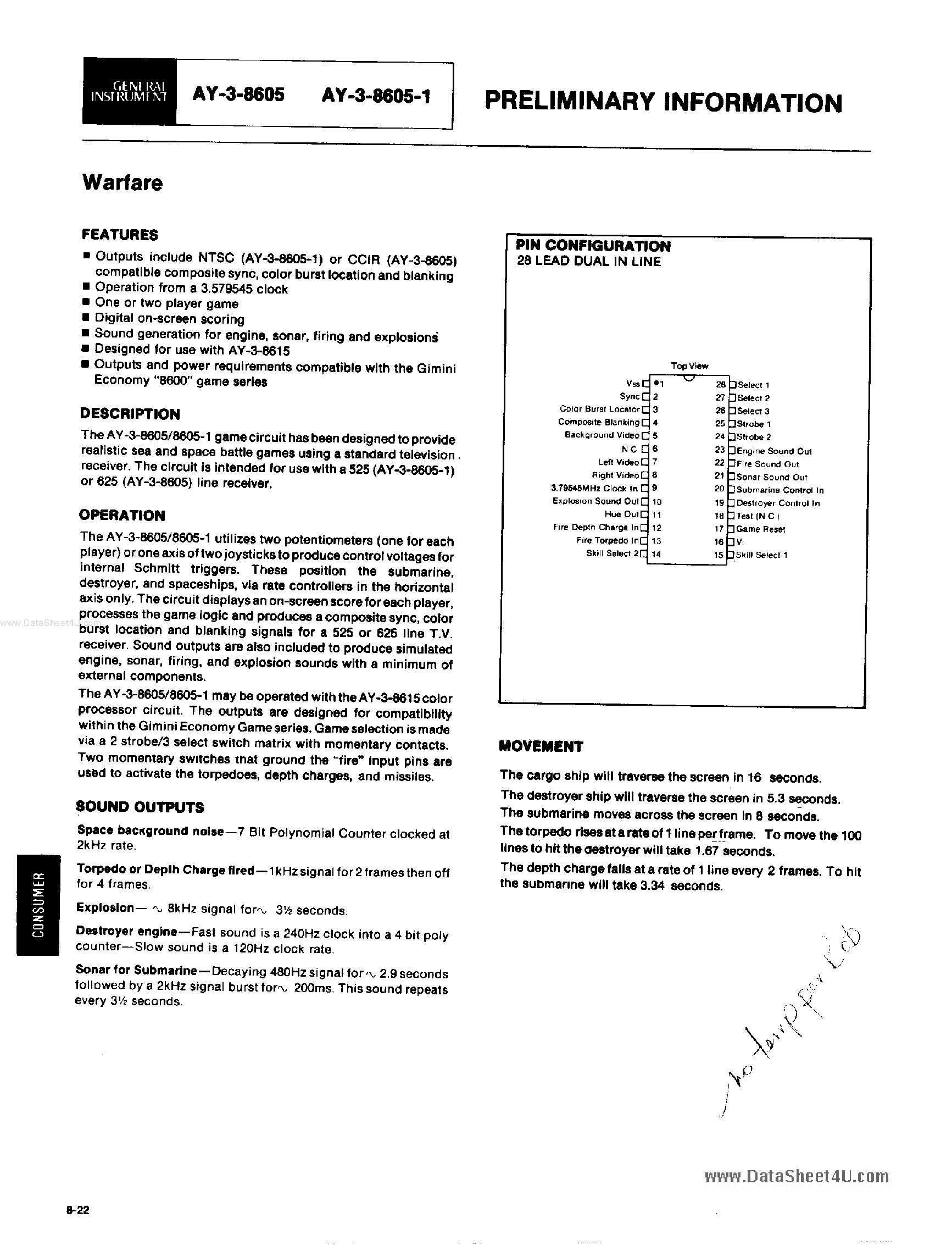 Datasheet AY-3-8605 - Warfare page 1