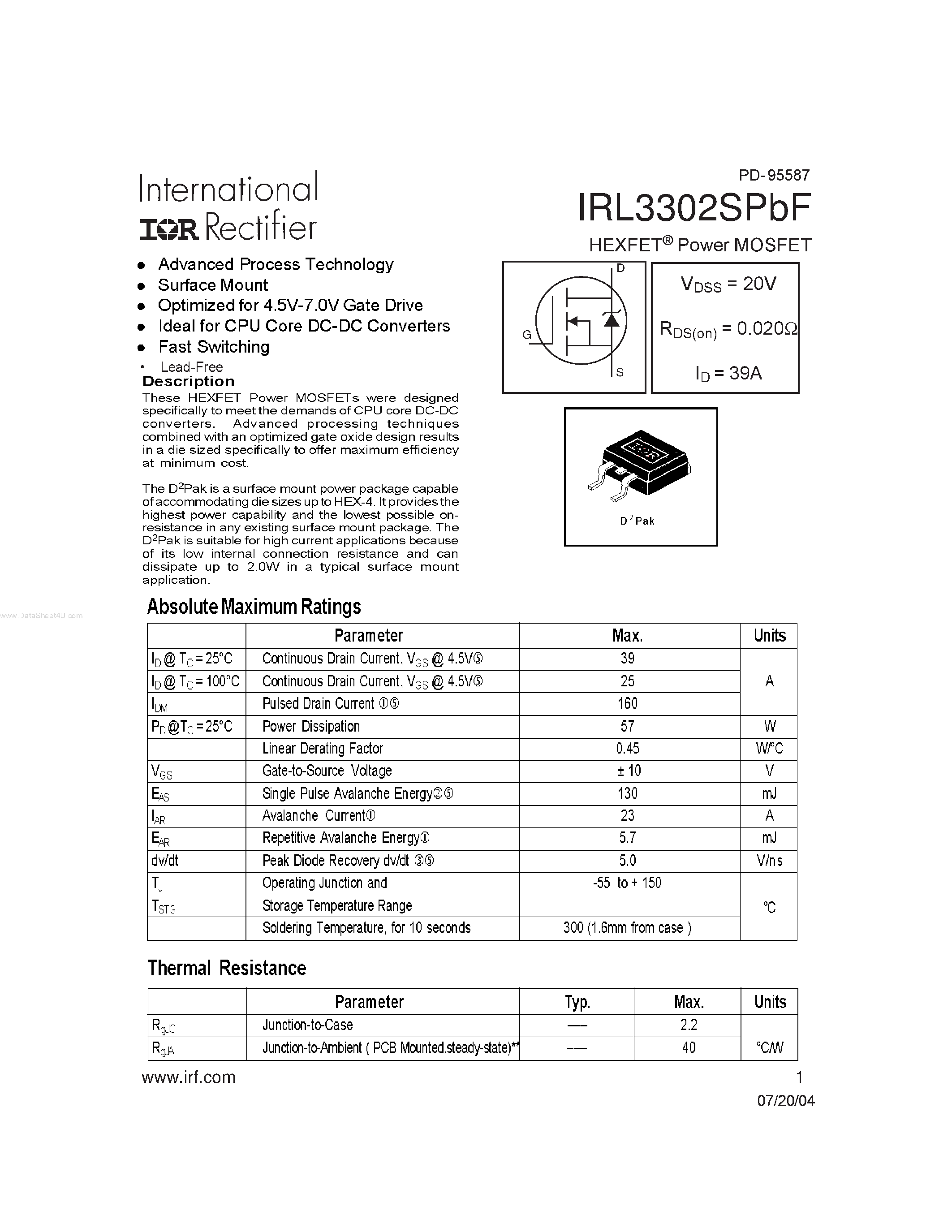 Datasheet IRL3302SPBF - HEXFET Power MOSFET page 1