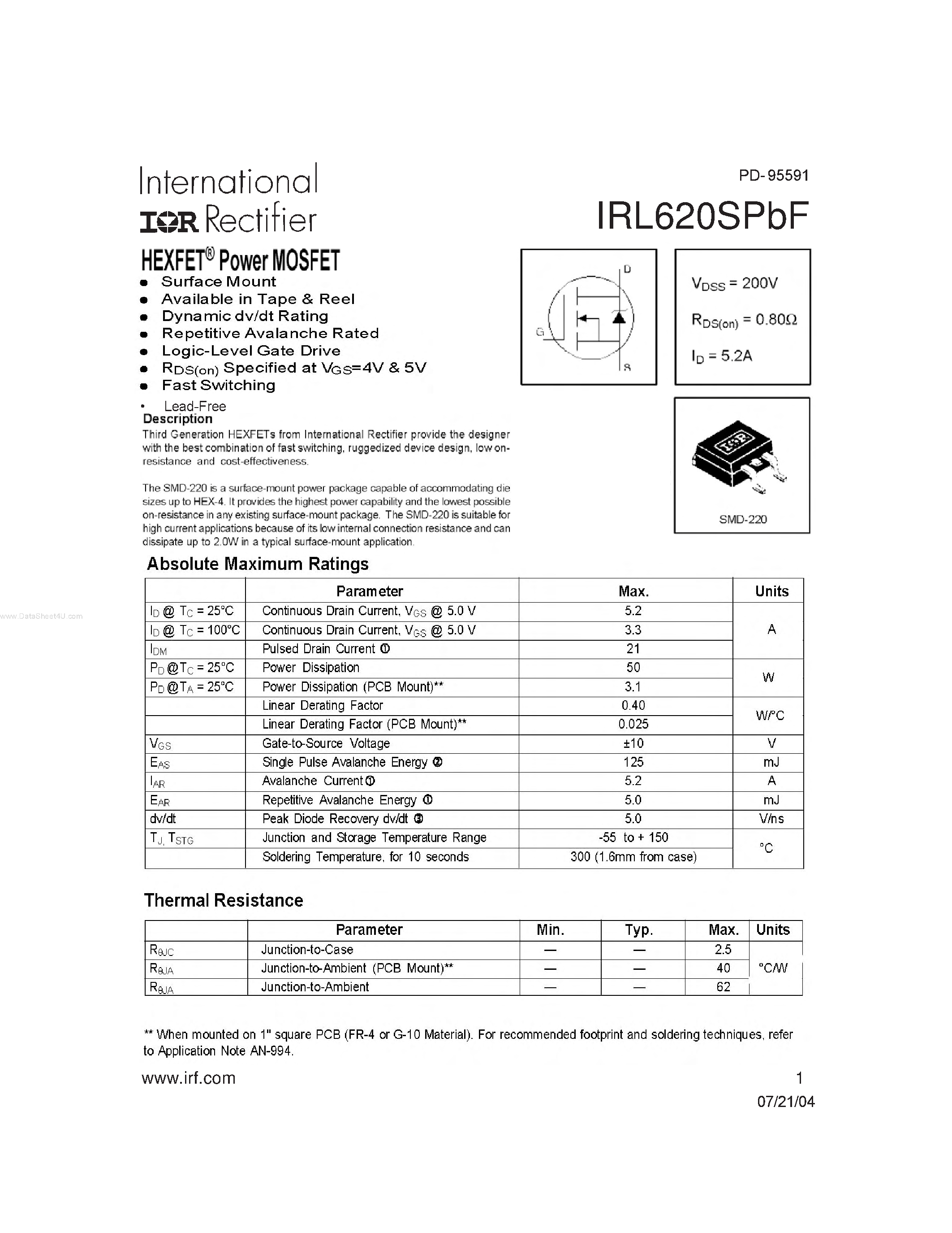 Datasheet IRL620SPBF - HEXFET Power MOSFET page 1
