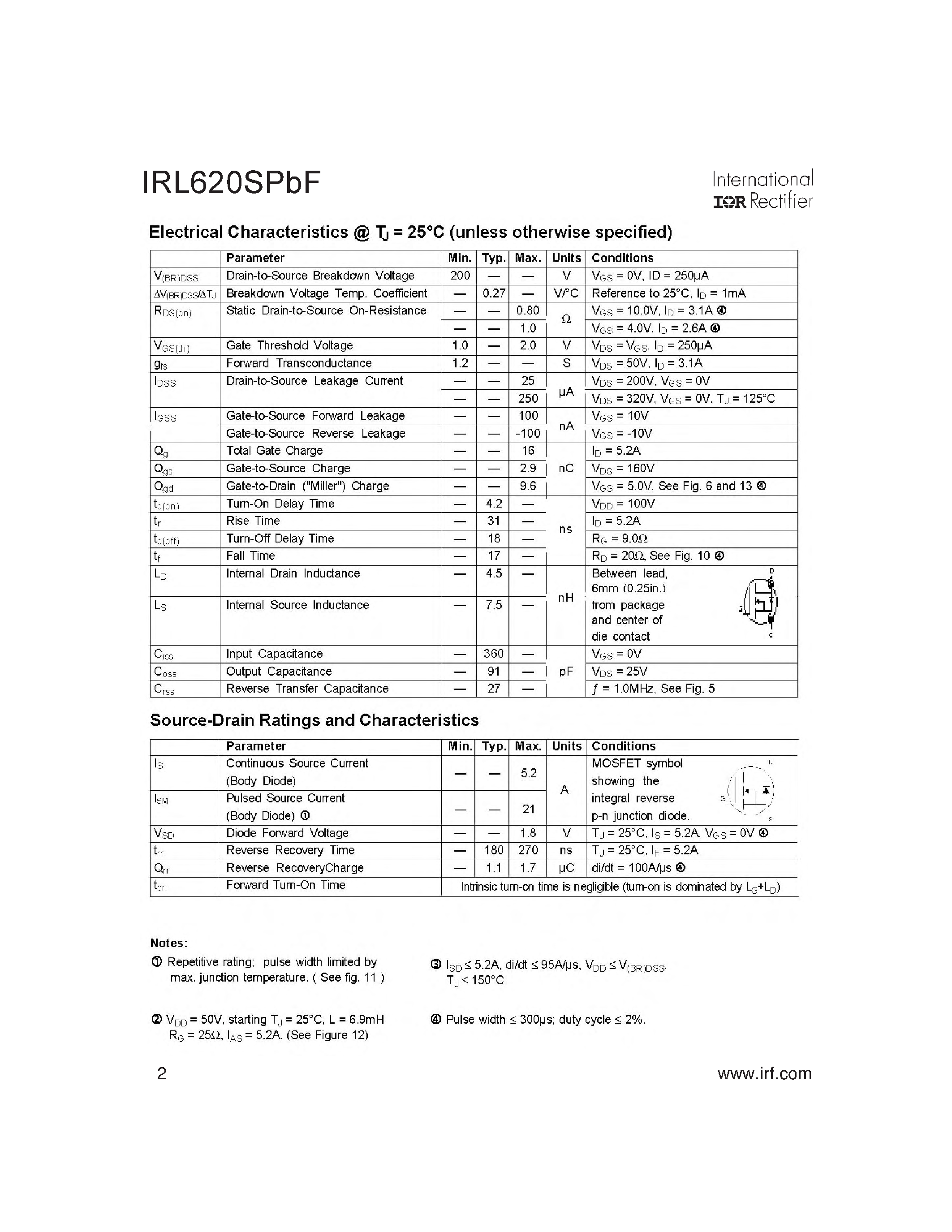 Datasheet IRL620SPBF - HEXFET Power MOSFET page 2