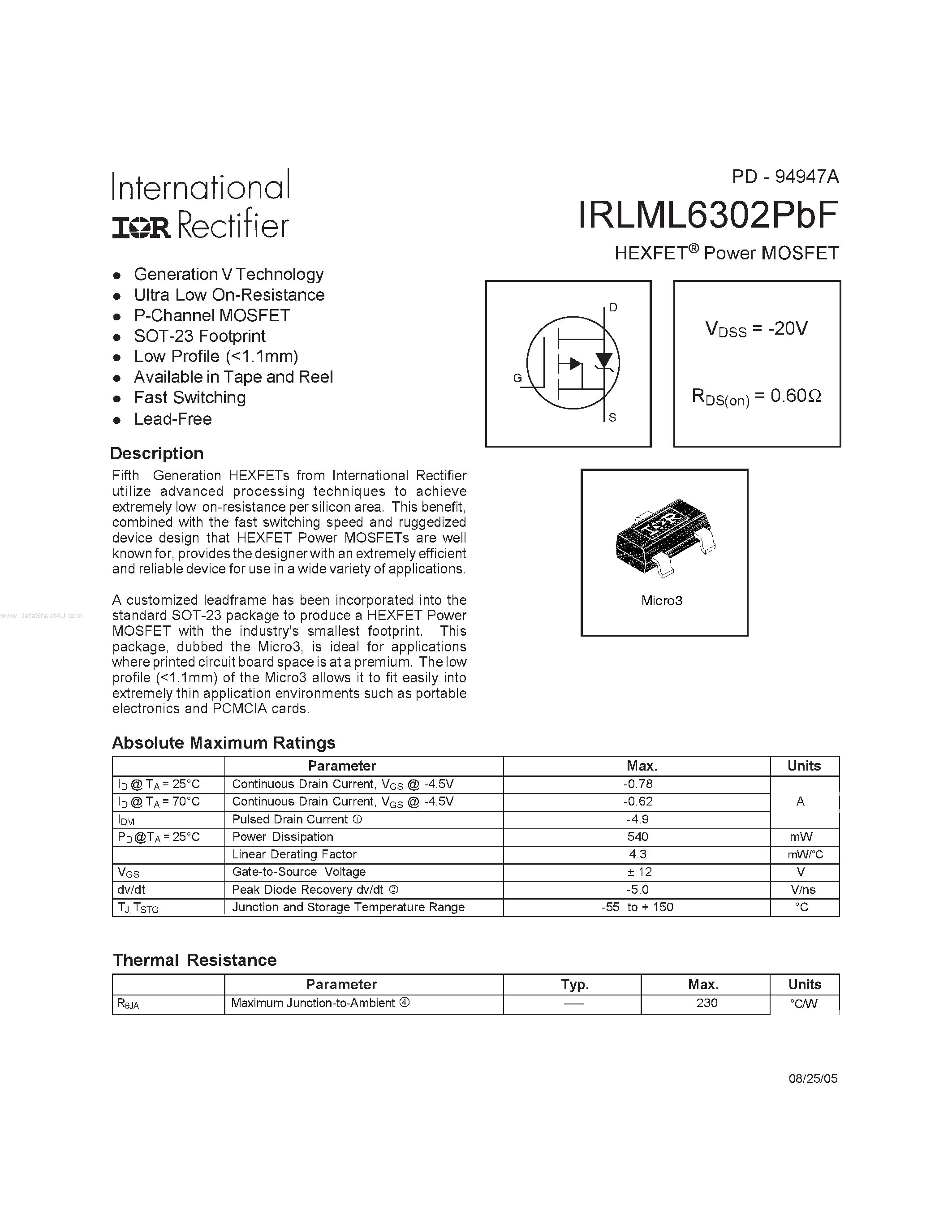 Даташит IRLML6302PBF - HEXFET Power MOSFET страница 1