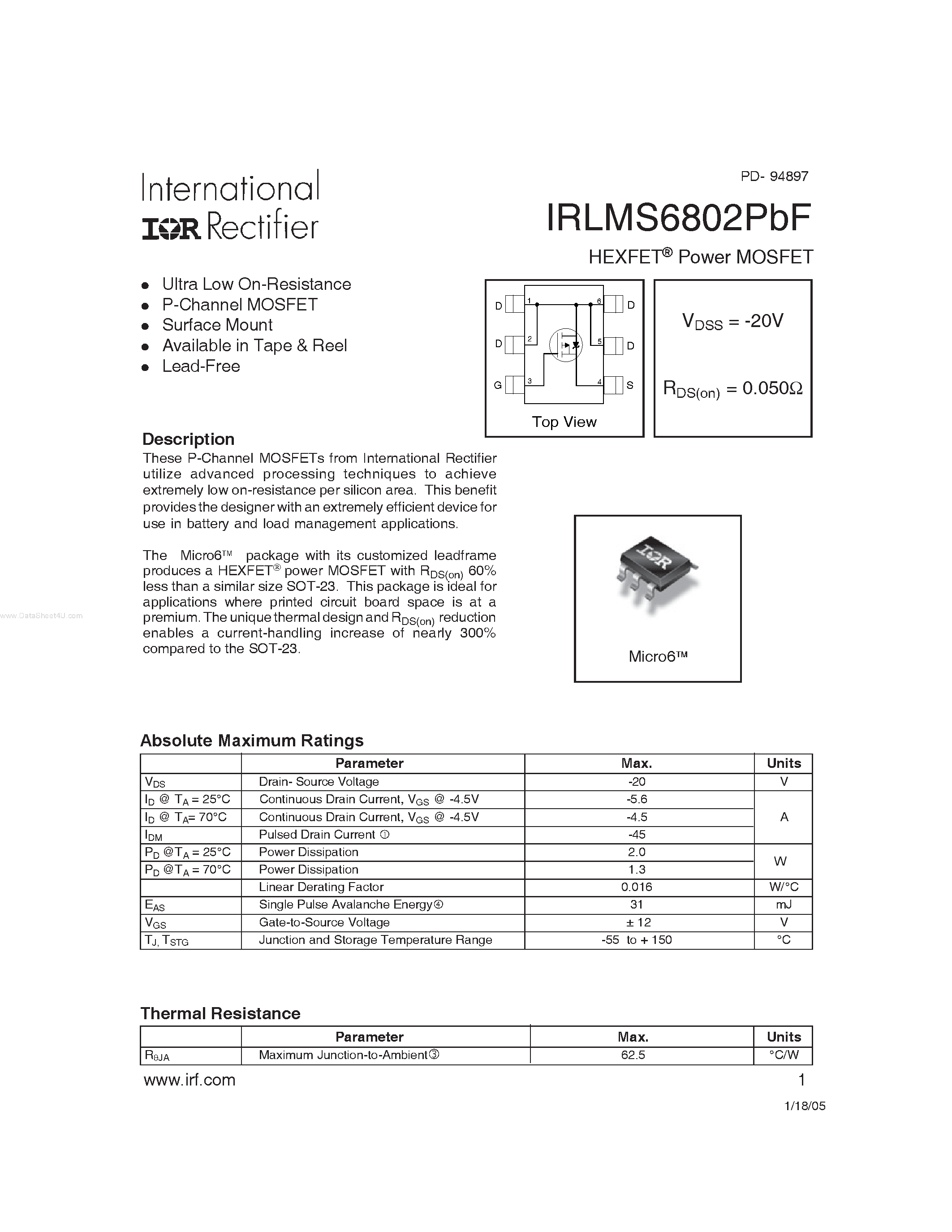 Даташит IRLMS6802PBF - HEXFET Power MOSFET страница 1