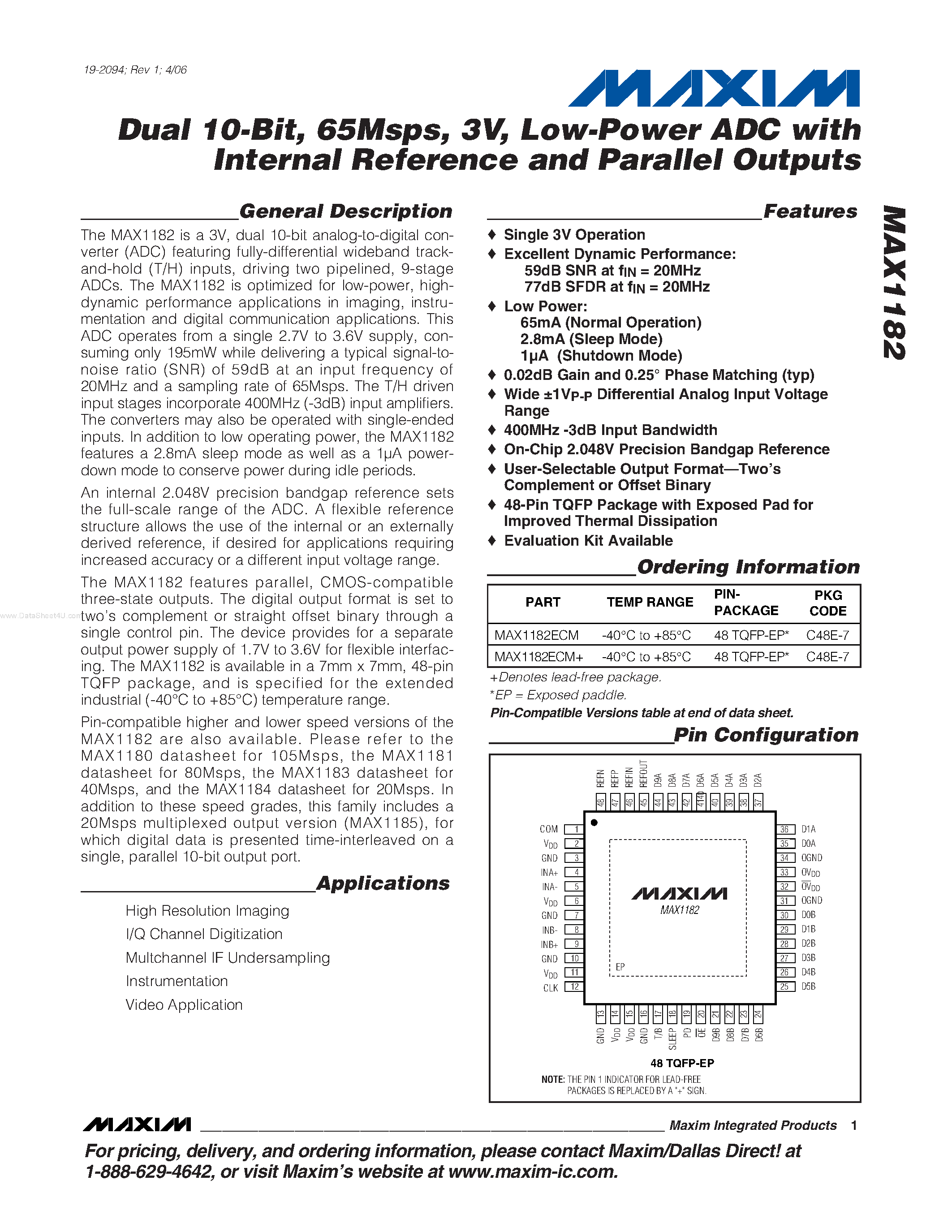 Datasheet MAX1182 - Low-Power ADC page 1