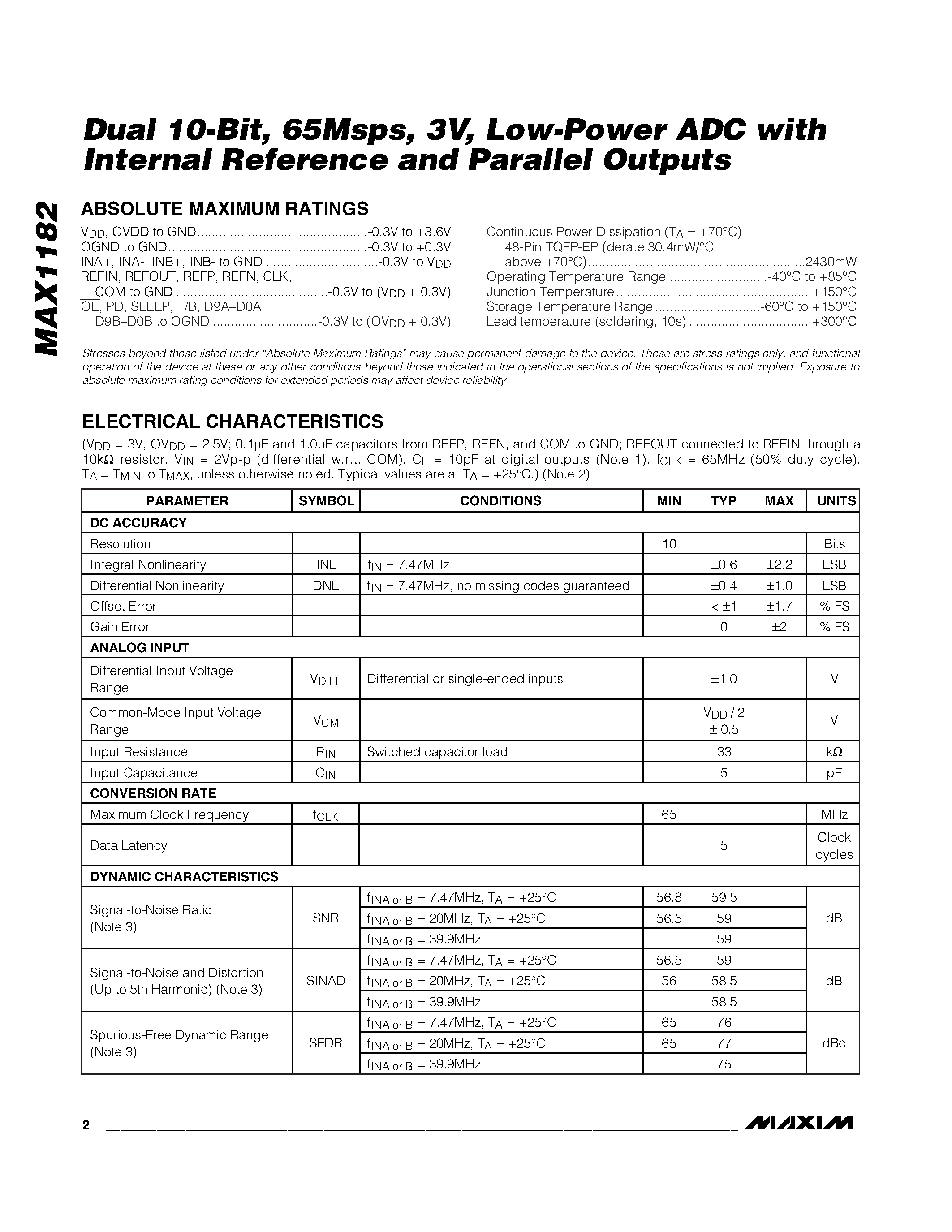 Datasheet MAX1182 - Low-Power ADC page 2