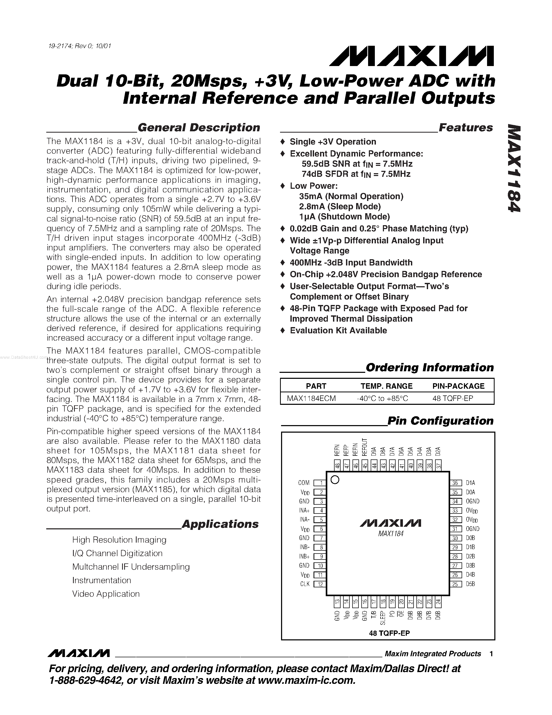 Datasheet MAX1184 - Low-Power ADC page 1
