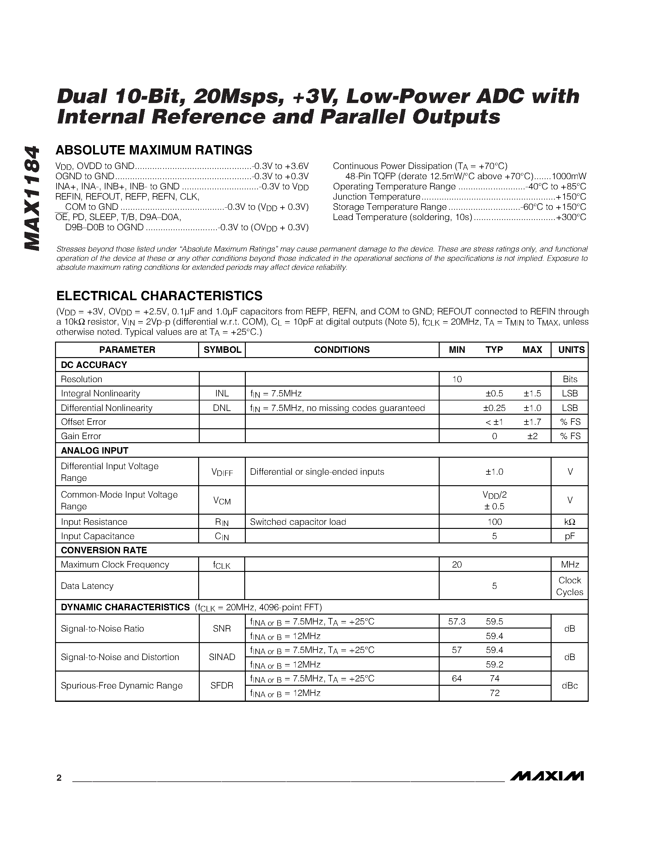 Datasheet MAX1184 - Low-Power ADC page 2