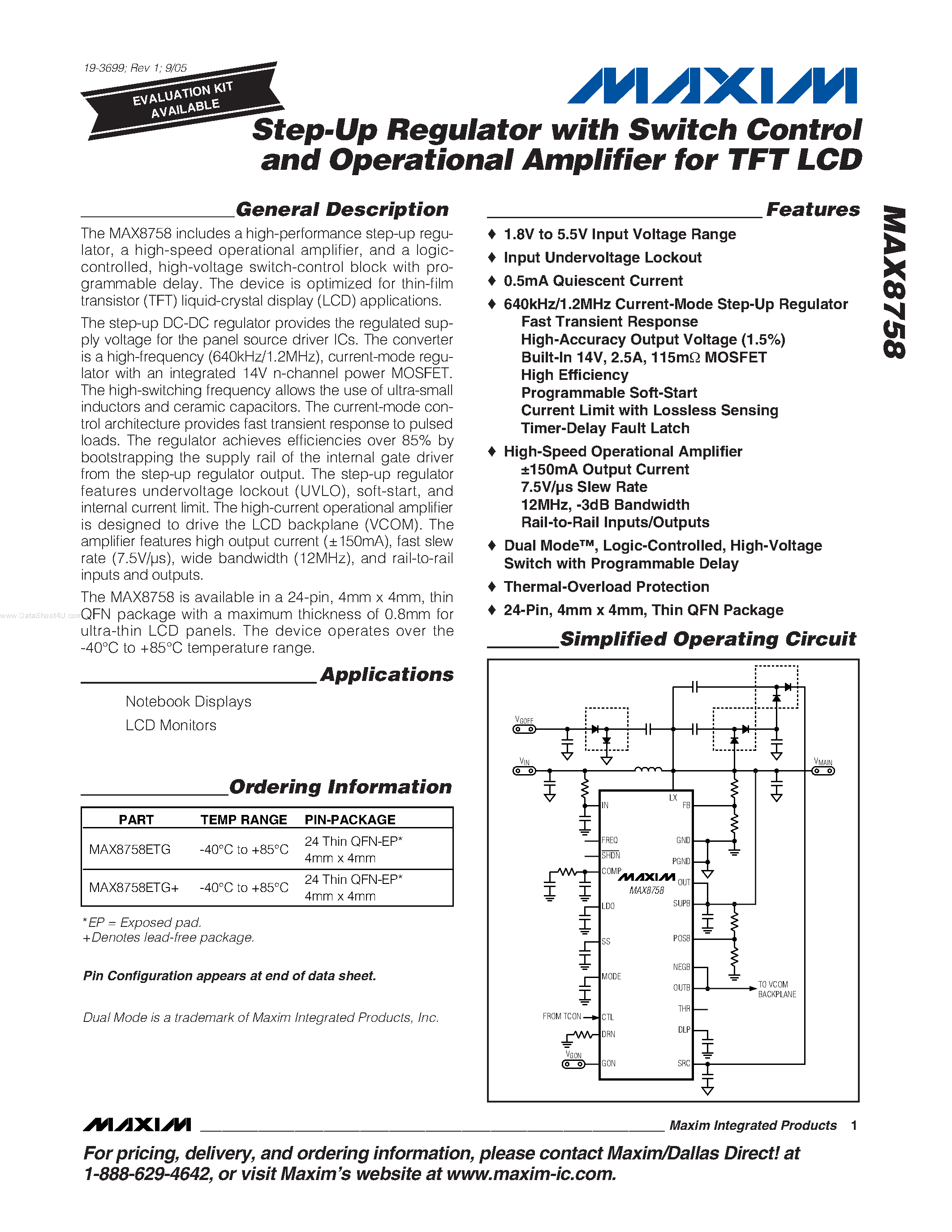 Datasheet MAX8758 - Step-Up Regulator page 1